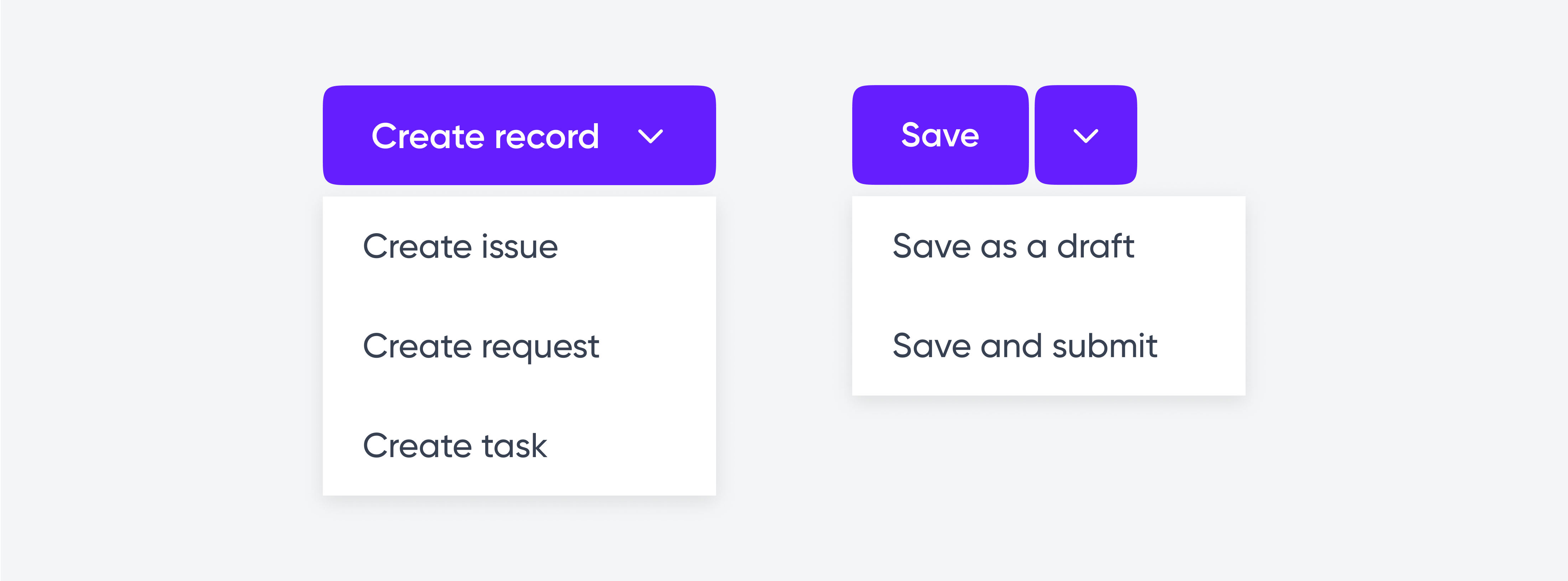 Dropdown purple buttons, "Create record" and "Save," each with different action options.