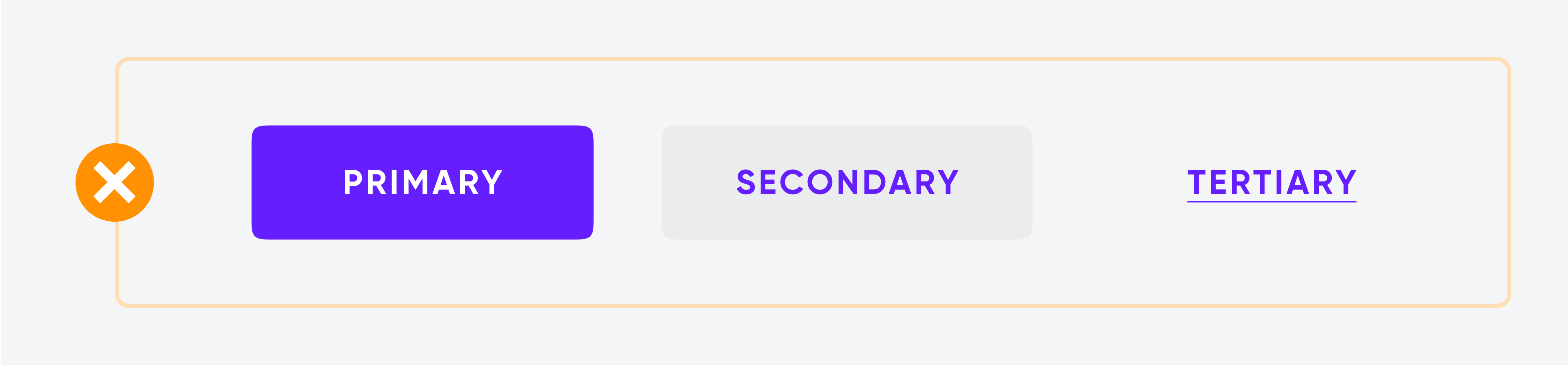 “Primary,” “Secondary,” and “Tertiary” buttons with an orange 'X,' indicating poor color contrast ratio of secondary button.