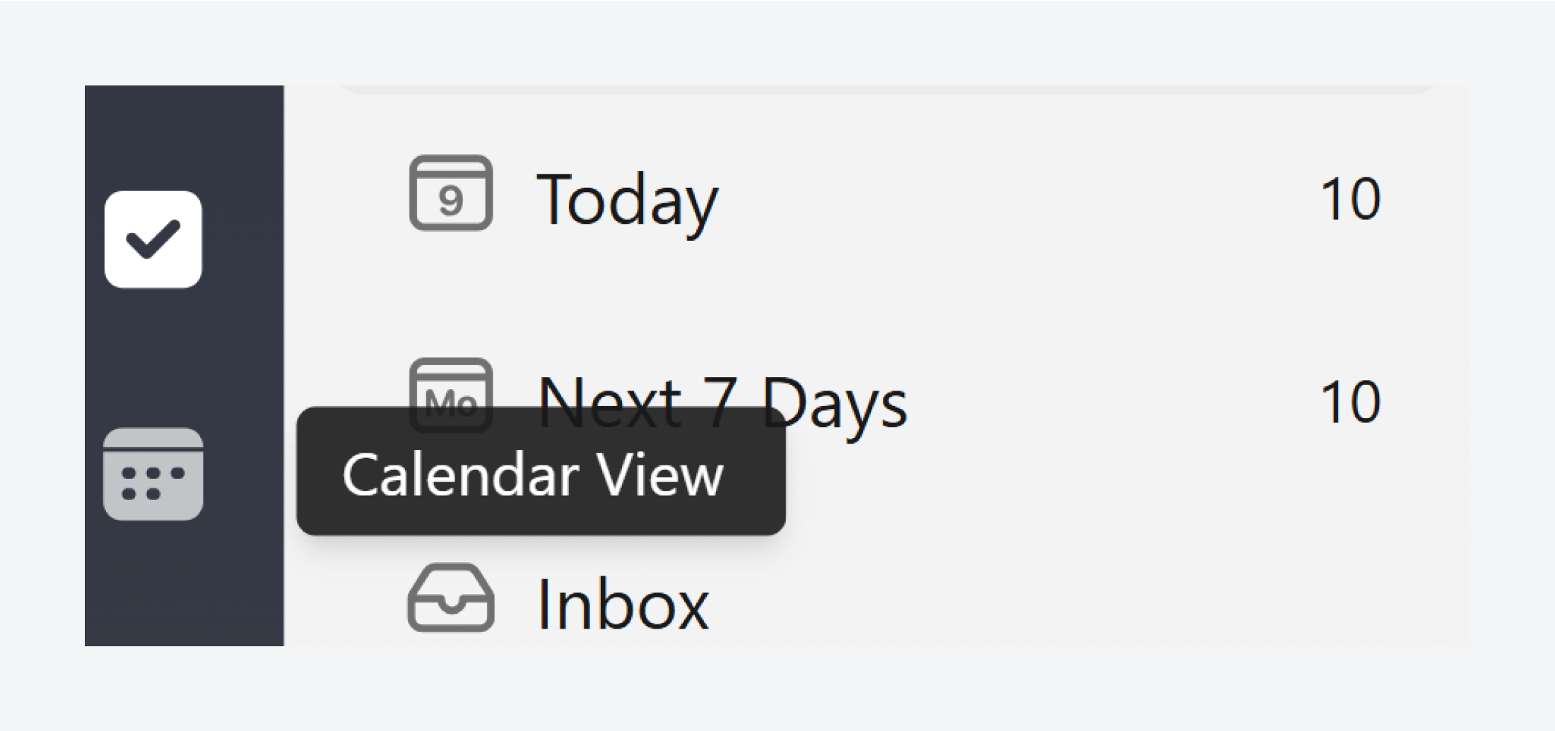 TickTick calendar view icon with a tooltip.