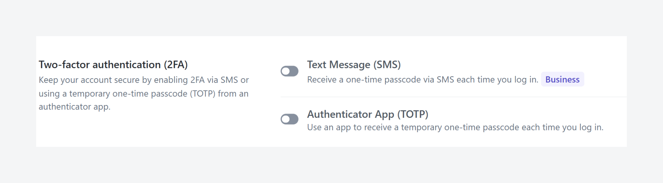 ClickUp using toggle switches for two-factor authentication. 