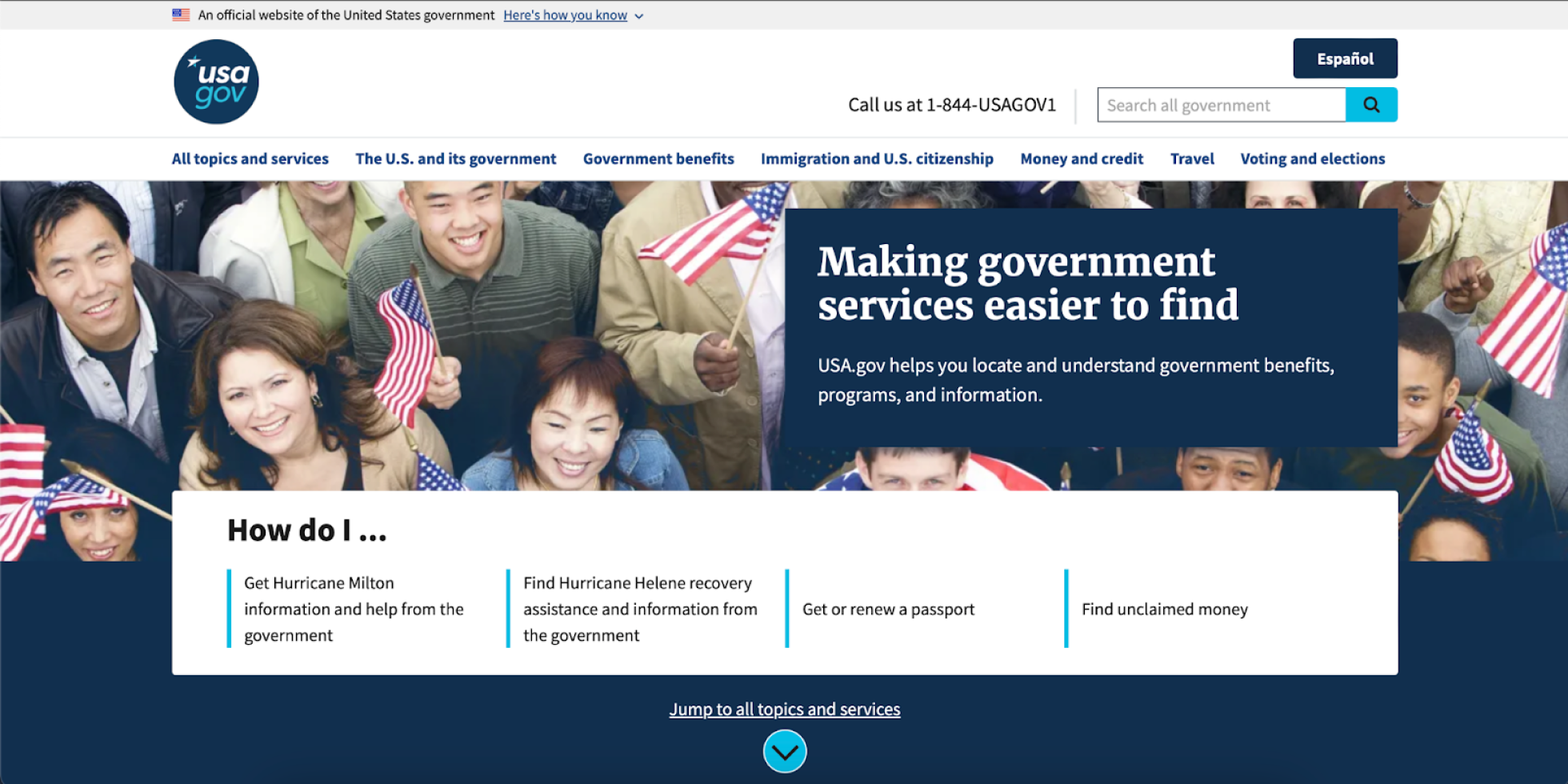 USA.gov homepage with a banner "Making government services easier to find" and a link with a “Jump to all topics and services” anchor.