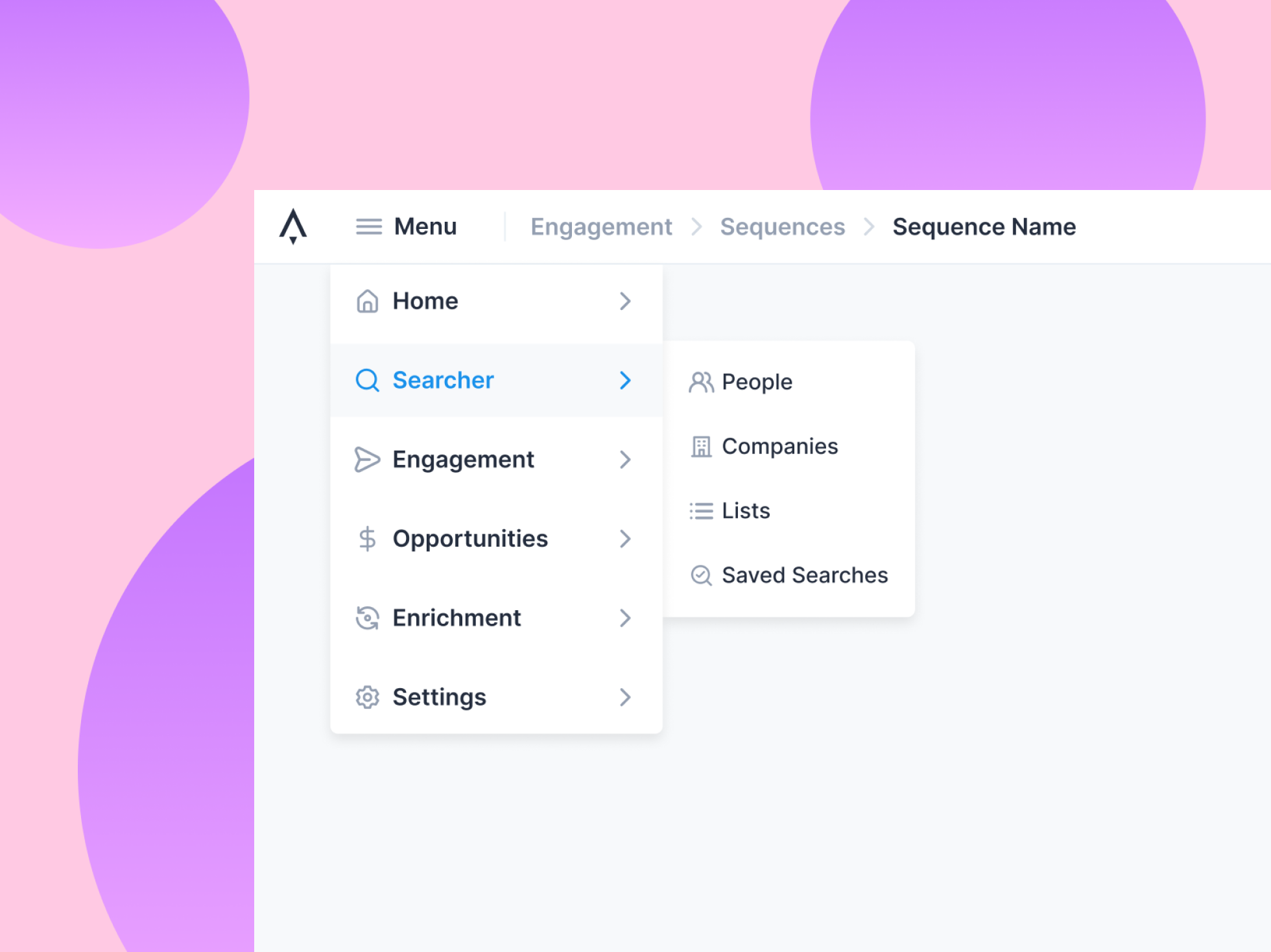 Dropdown navigation menu with options for Home, Searcher, Engagement, Opportunities, Enrichment, Settings, showing submenus under Searcher.