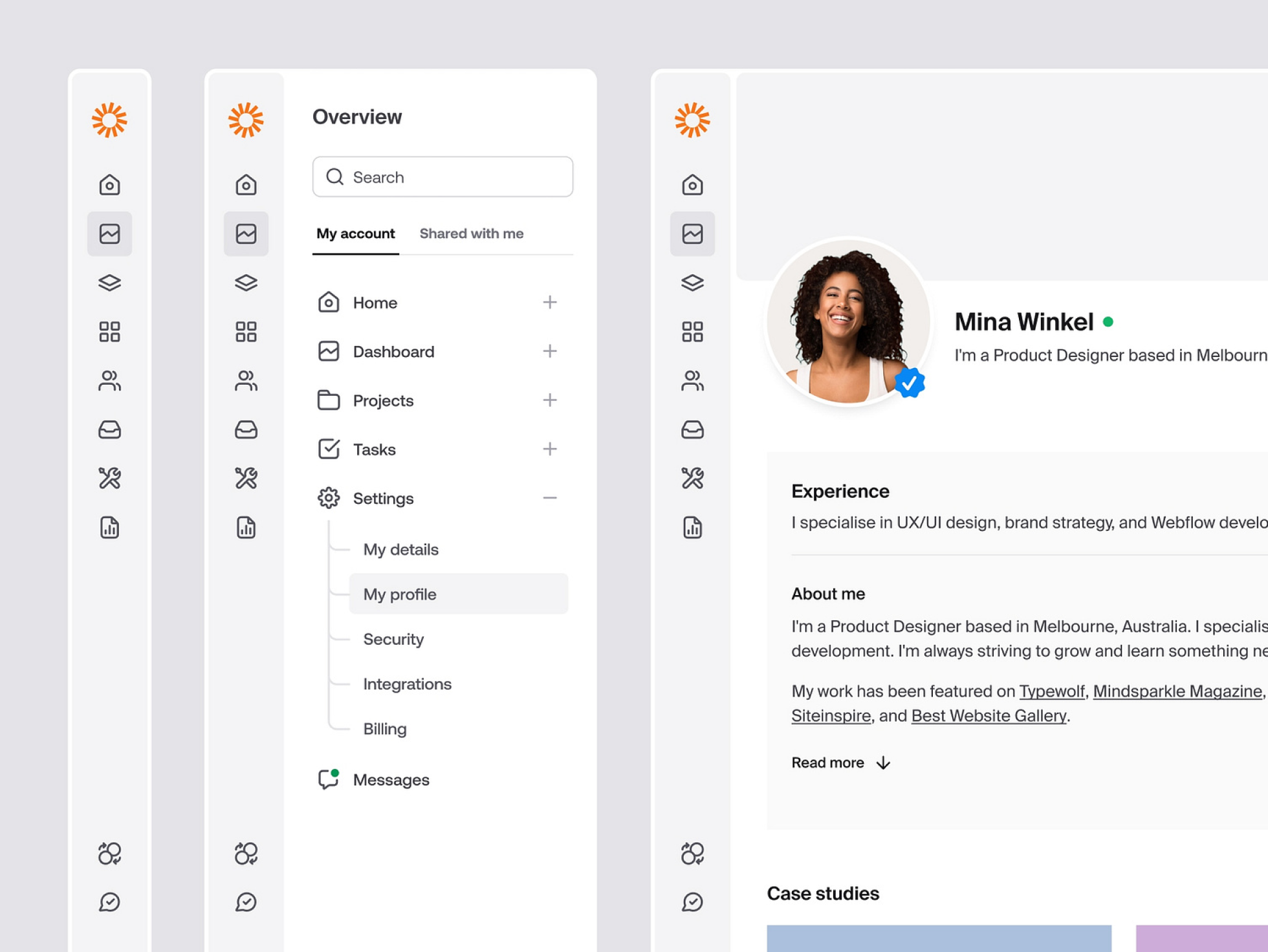 Dashboard interface with navigation menus and a user profile for Mina Winkel, with sections for experience, about, case studies.