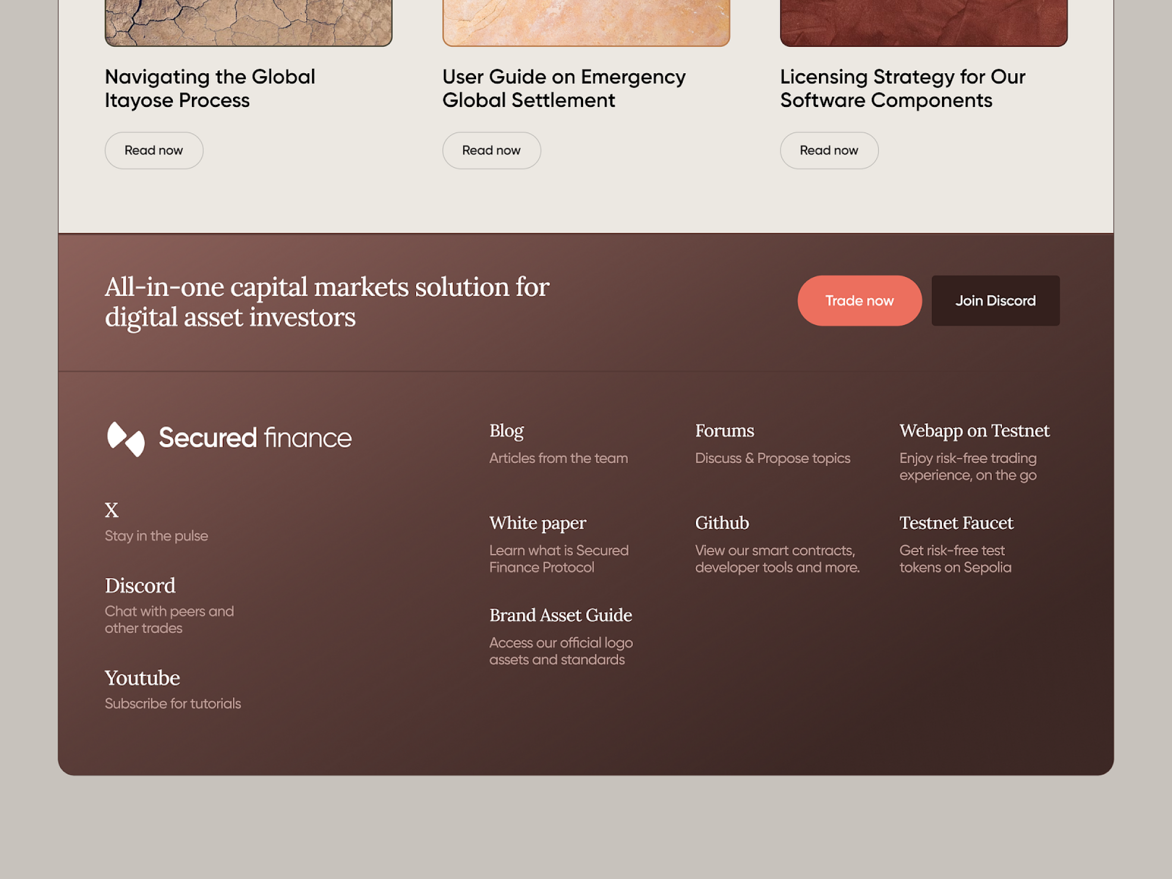 Secured Finance’s footer showcasing links to blog, forums, white paper, GitHub, Discord, etc., with "Trade now" and "Join Discord" buttons.