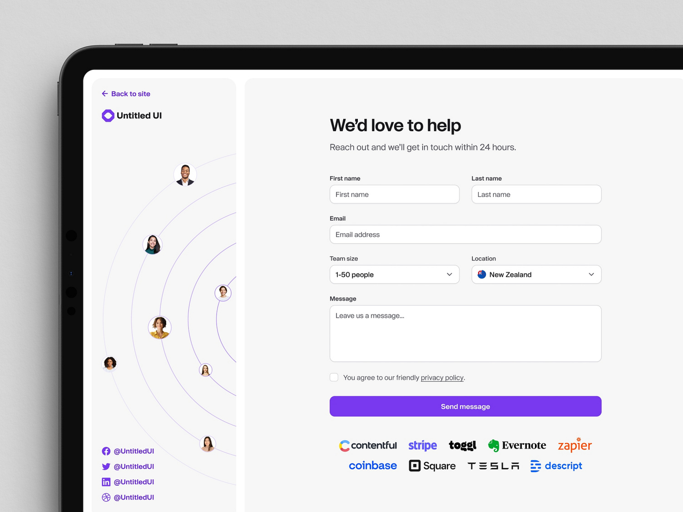 Contact form on Untitled UI website with fields for name, email, team size, location, message, social media links, and partner logos.