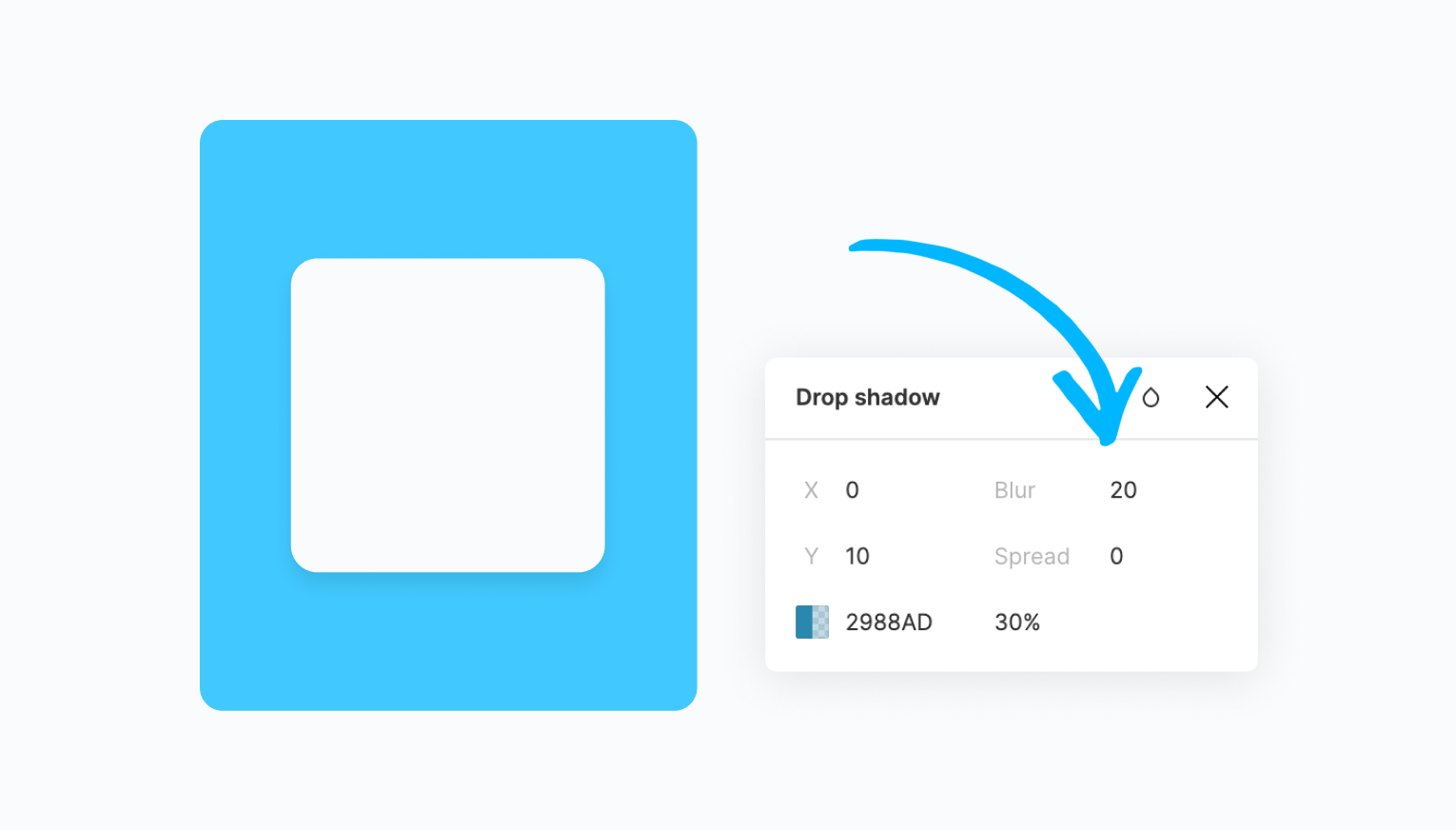 An example of the blur and spread parameters for a blue drop shadow.