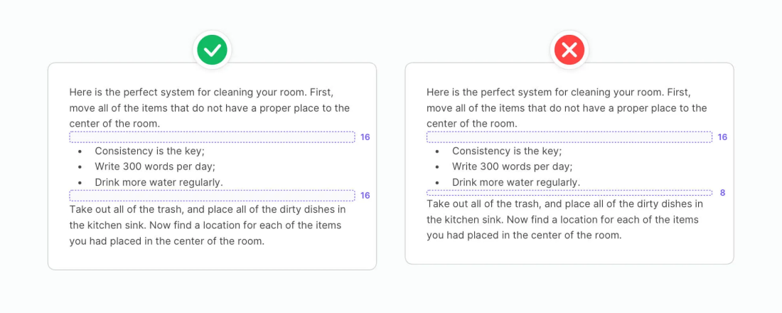 Good and bad examples of the paragraph spacing between the text and the lists.