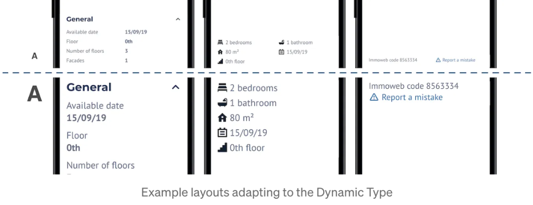 Example layouts adapting to the Dynamic Type.