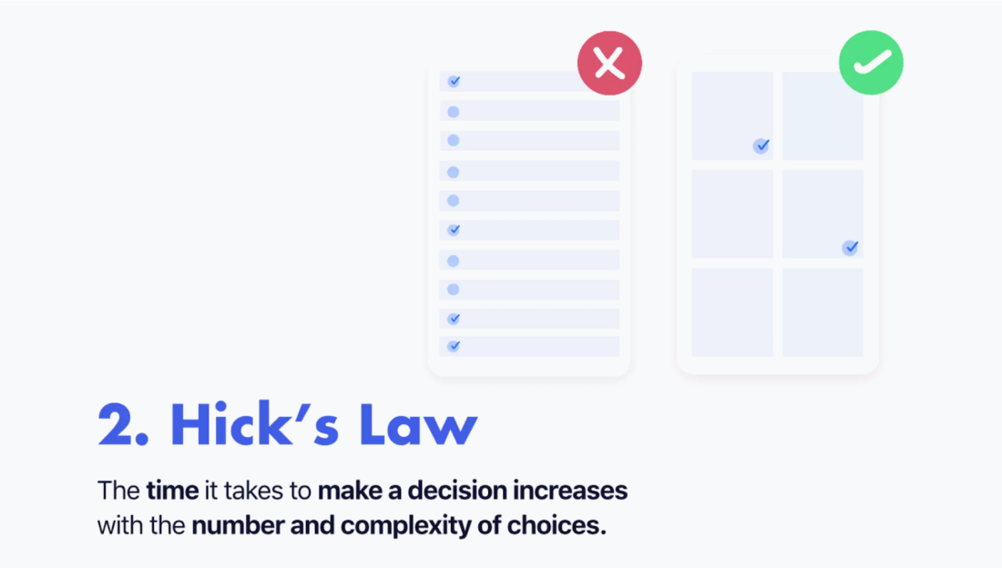 A visualization of the Hick's law featuring a good and a bad example of the interface.