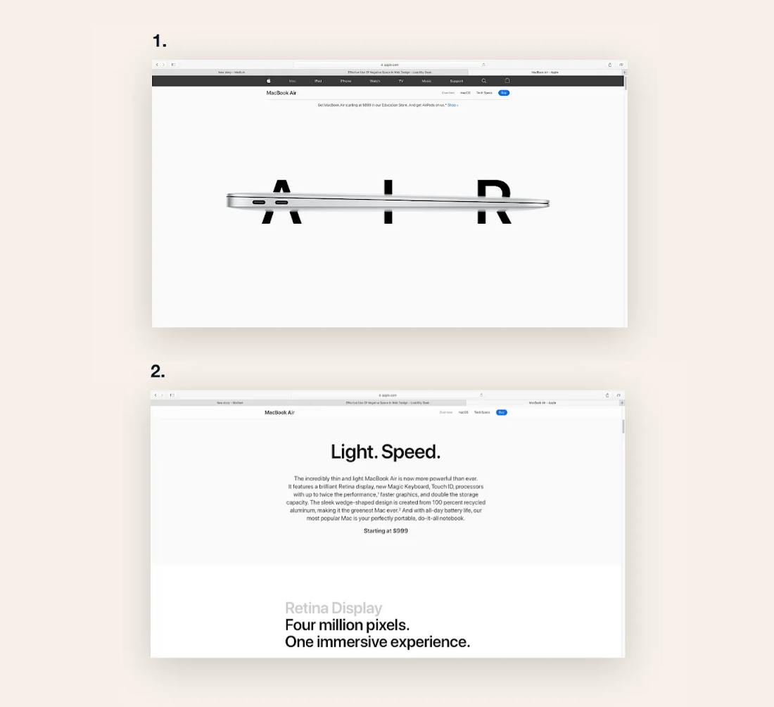 Apple's website screenshots showing a professional use of white space.