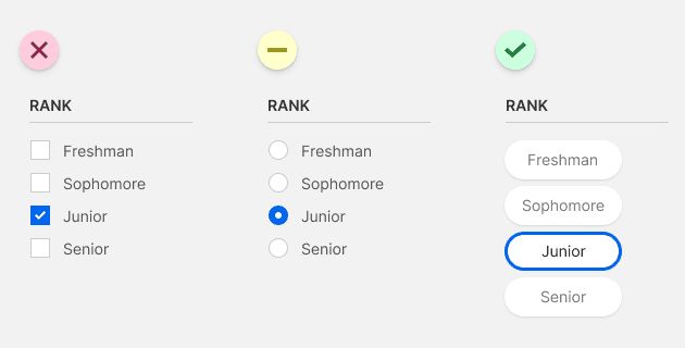 Comparison of rank selection UI: left uses checkboxes, middle uses radio buttons, right uses pill buttons.