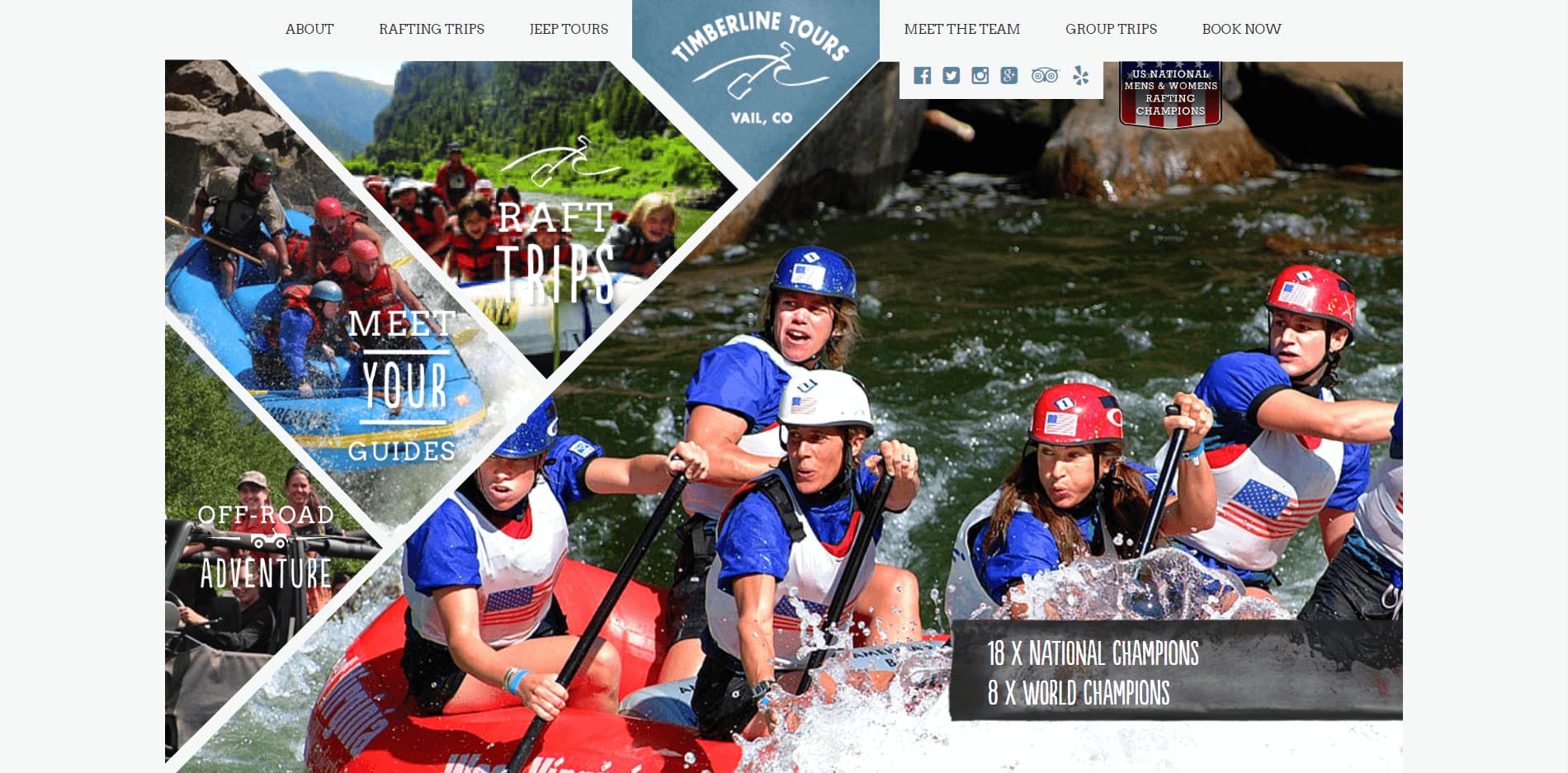 Timberline Tours website showing rafting trips with images of guides and participants on a river.