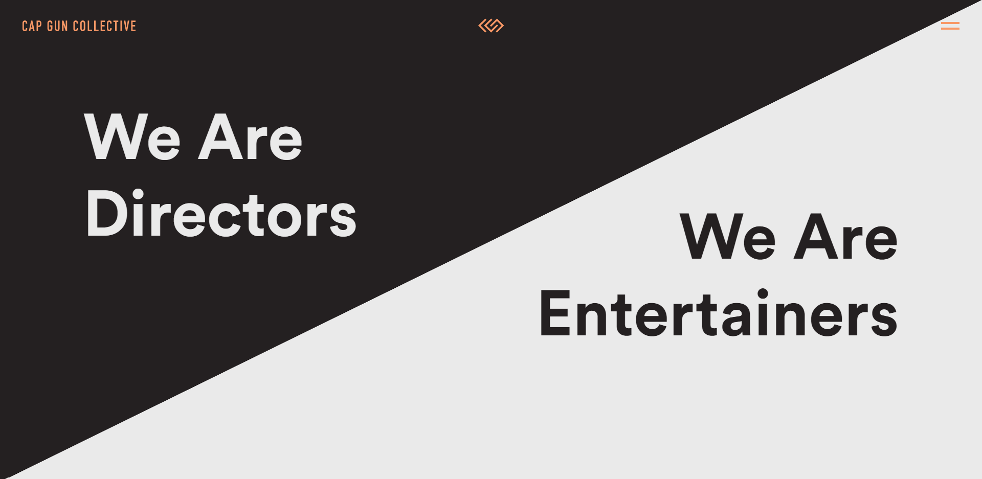 Black and white website homepage with diagonal split and text "We Are Directors" and "We Are Entertainers".