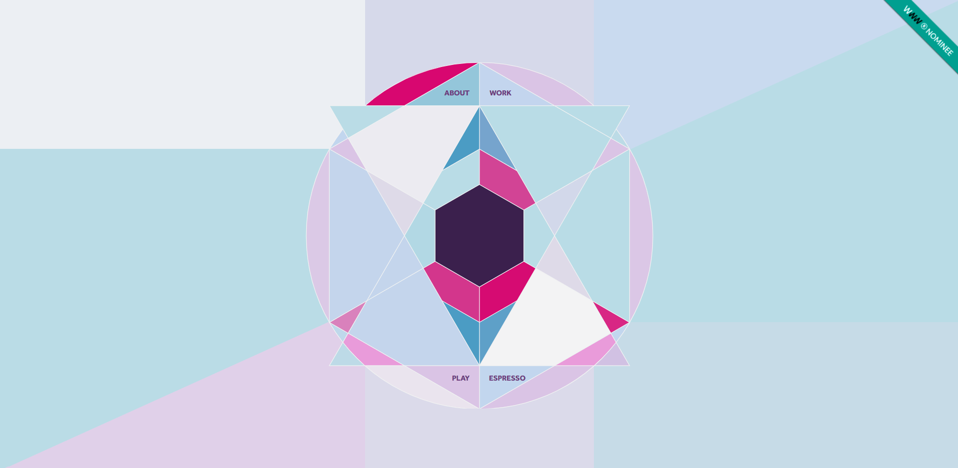 Geometric design with a central hexagon and triangles in shades of blue, purple, and pink.