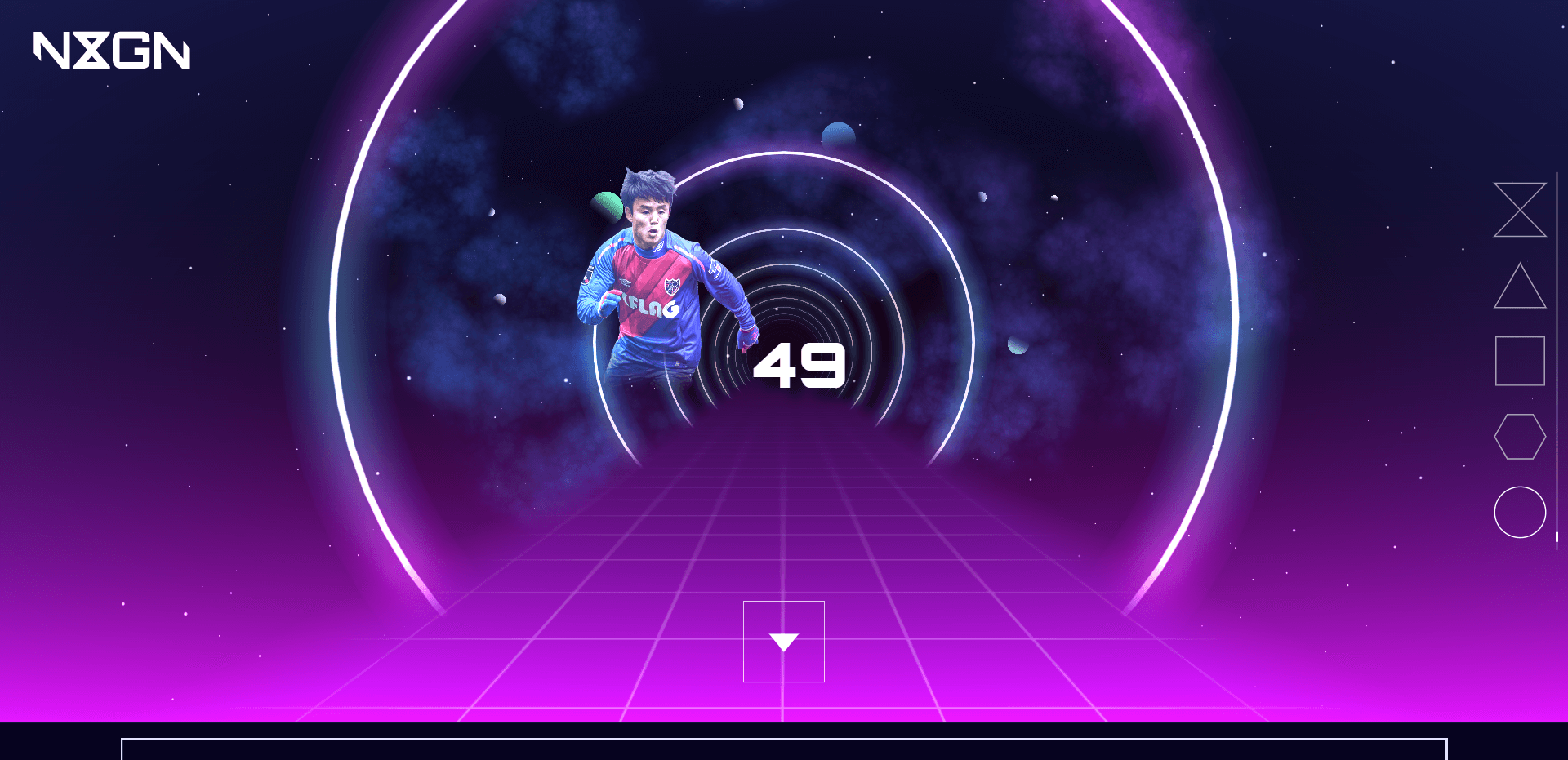 A soccer player in a blue jersey runs through a futuristic tunnel with neon lights and geometric shapes.