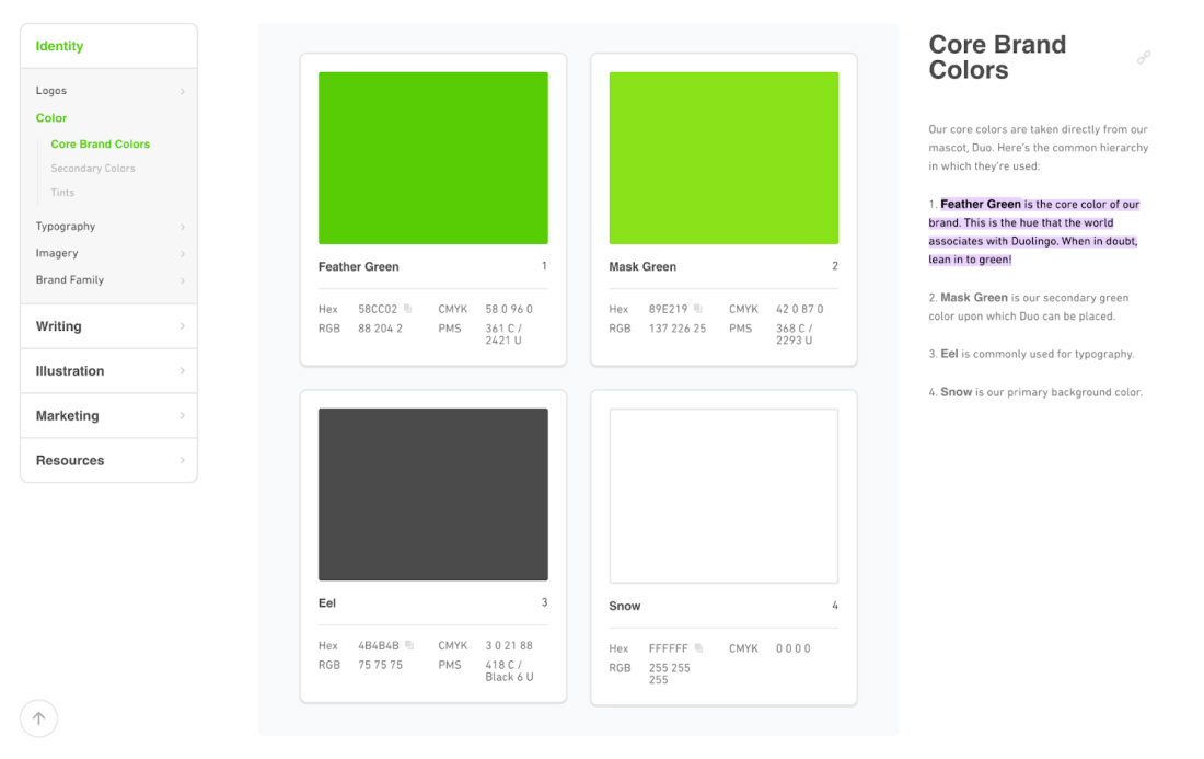  Duolingo color palette with Feather Green, Mask Green, Eel, and Snow branding colors.