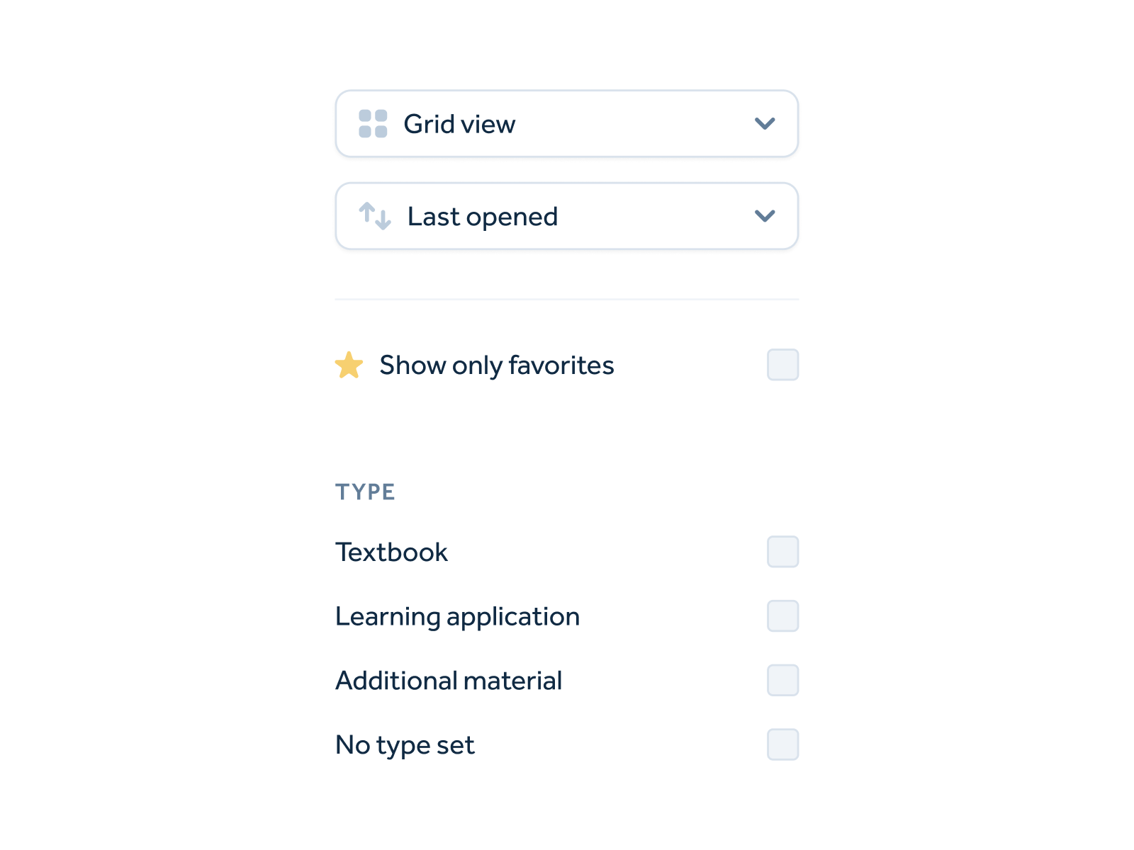 UI displaying filter options with grid view, sorting by last opened, a 'Show only favorites' checkbox, and multiple type checkboxes.