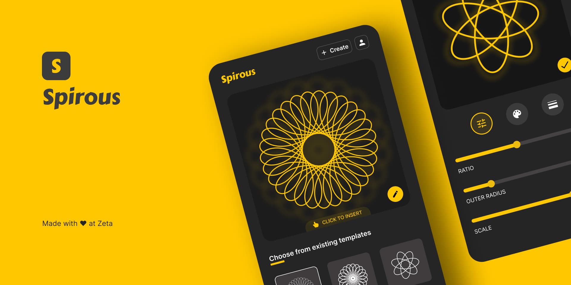 Spirous app interface on a yellow background, featuring spirograph designs and customization options.