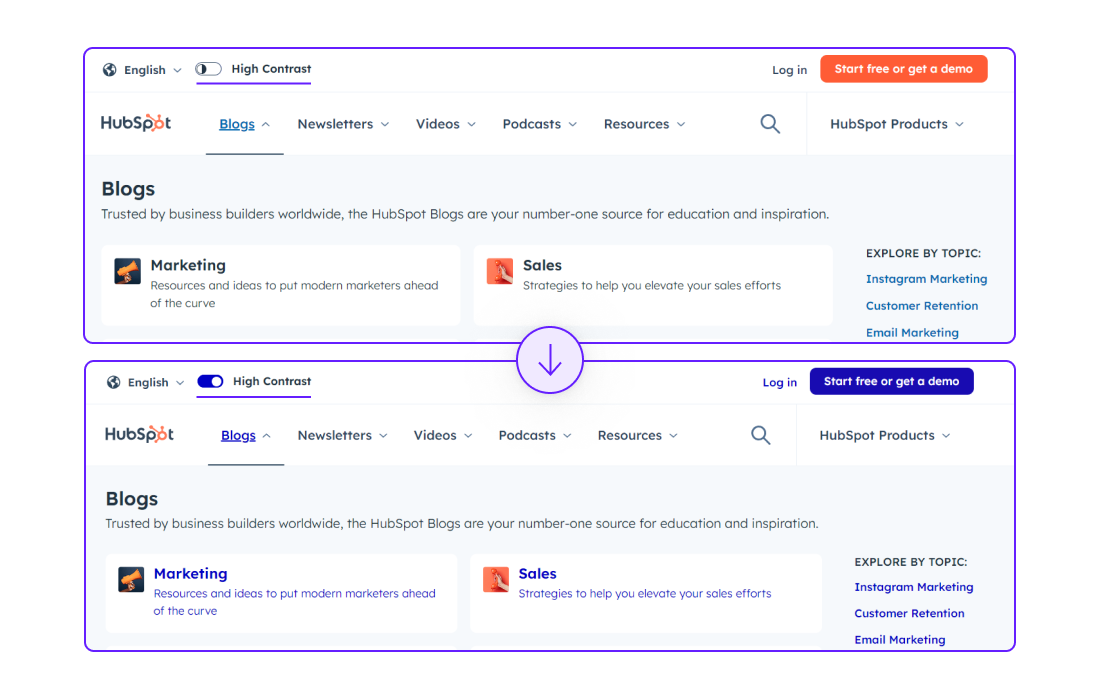 Screenshot showing HubSpot's website interface in both normal and high-contrast modes to enhance accessibility for blog navigation.