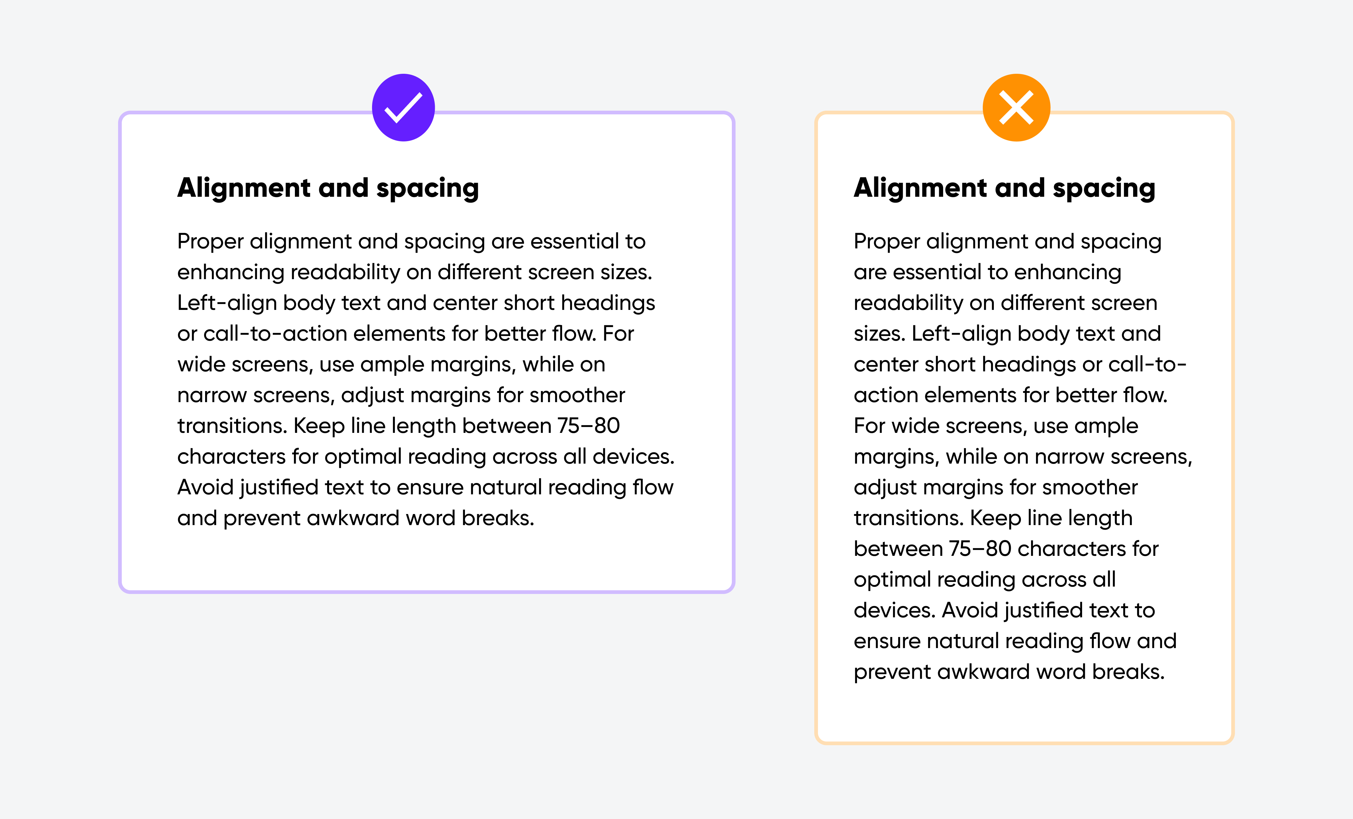 Good and bad examples of text alignment, spacing, and line length.