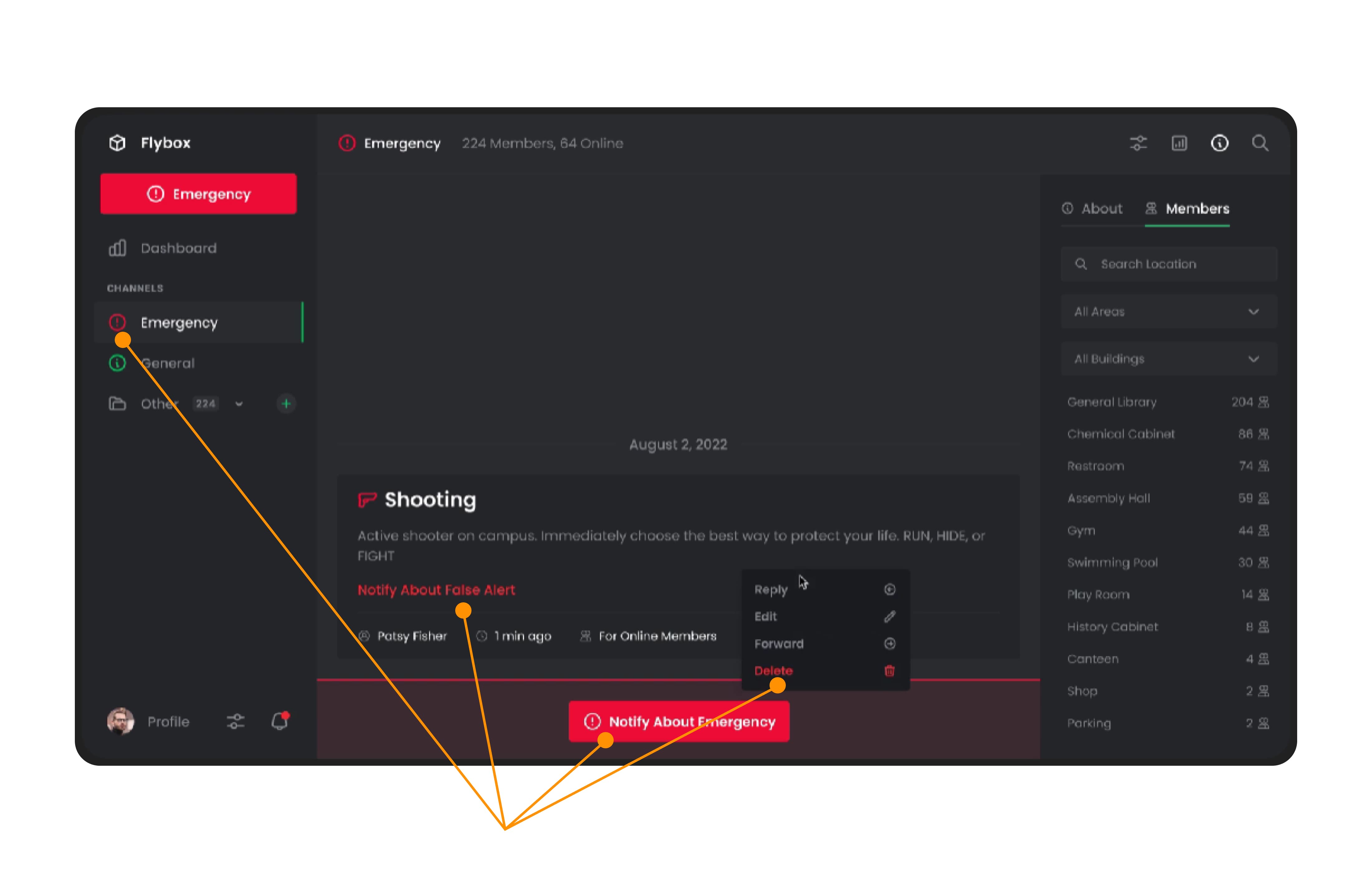 Screenshot of Flybox app displaying an emergency alert interface for a shooting incident with options to manage and notify about the situation.