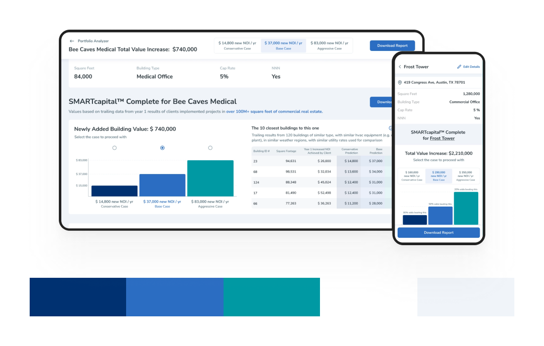 Displays on monitor and mobile showing real estate analytics with comparative data and options to download detailed reports.