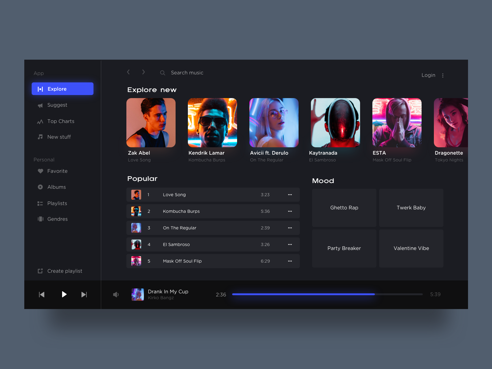 A dashboard of the music streaming app in a dark theme where hierarchy is maintained by colors, not shadows.