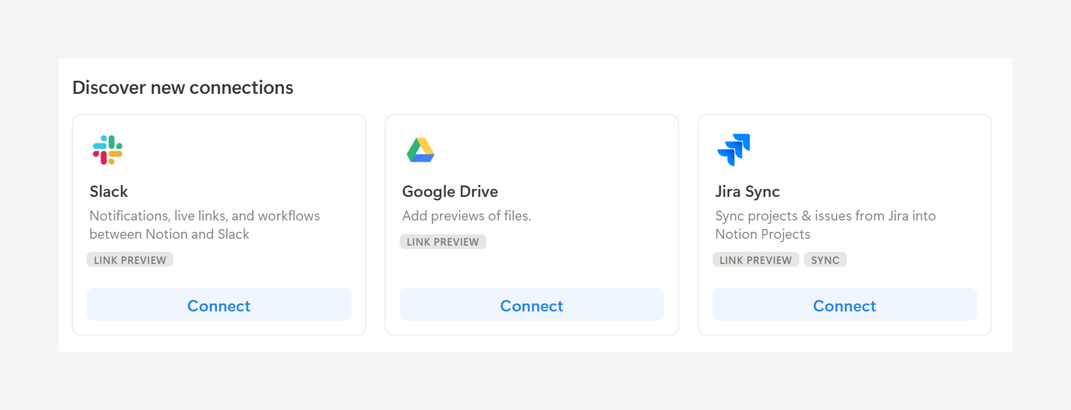 Notion applying badges to categorize integrations by functionality.