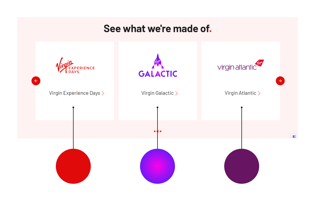 Virgin's website showcases three services: Virgin Experience Days, Virgin Galactic, and Virgin Atlantic, each with distinct branding colors.