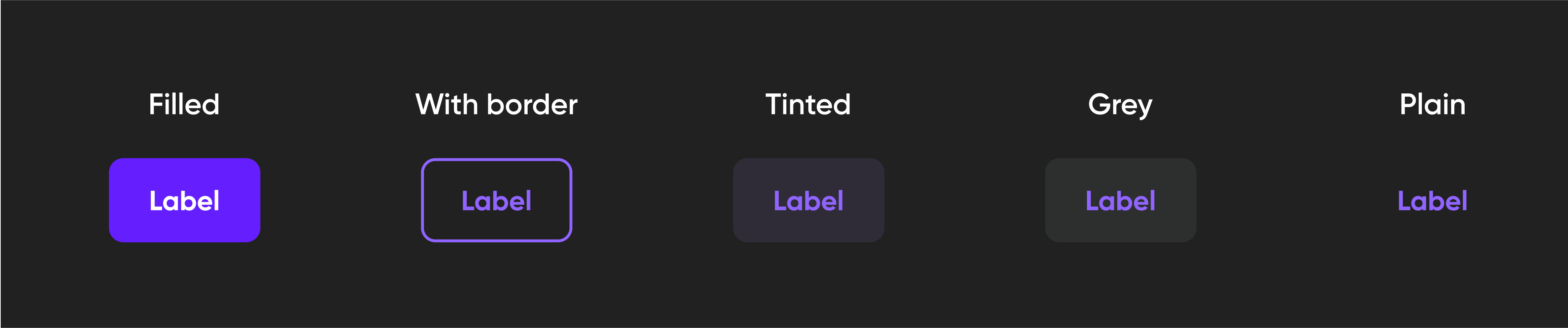 Button variations in dark mode, including filled, bordered, tinted, gray, and plain styles.