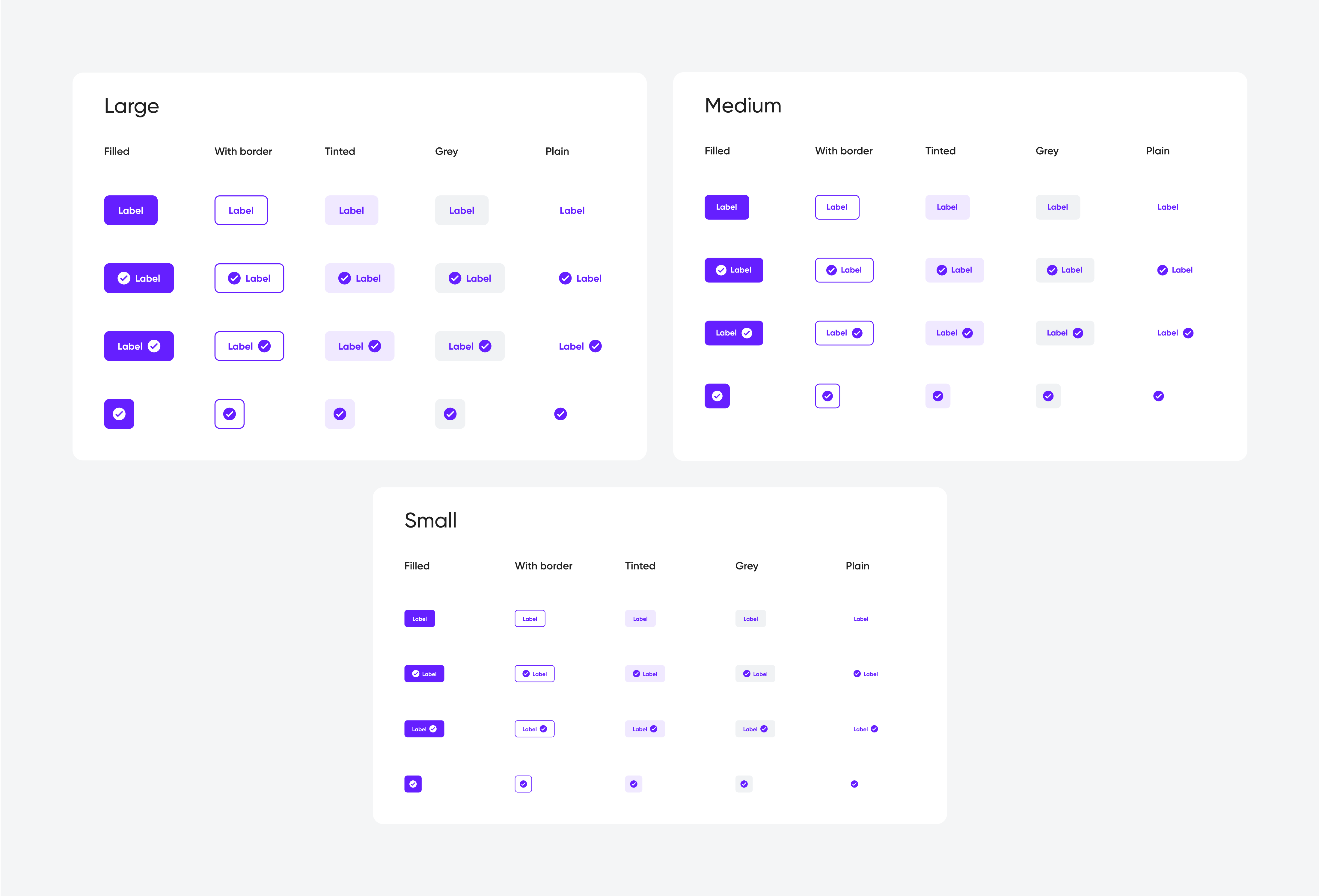 Button variations in large, medium, and small sizes. Different states include filled, bordered, tinted, gray, and plain