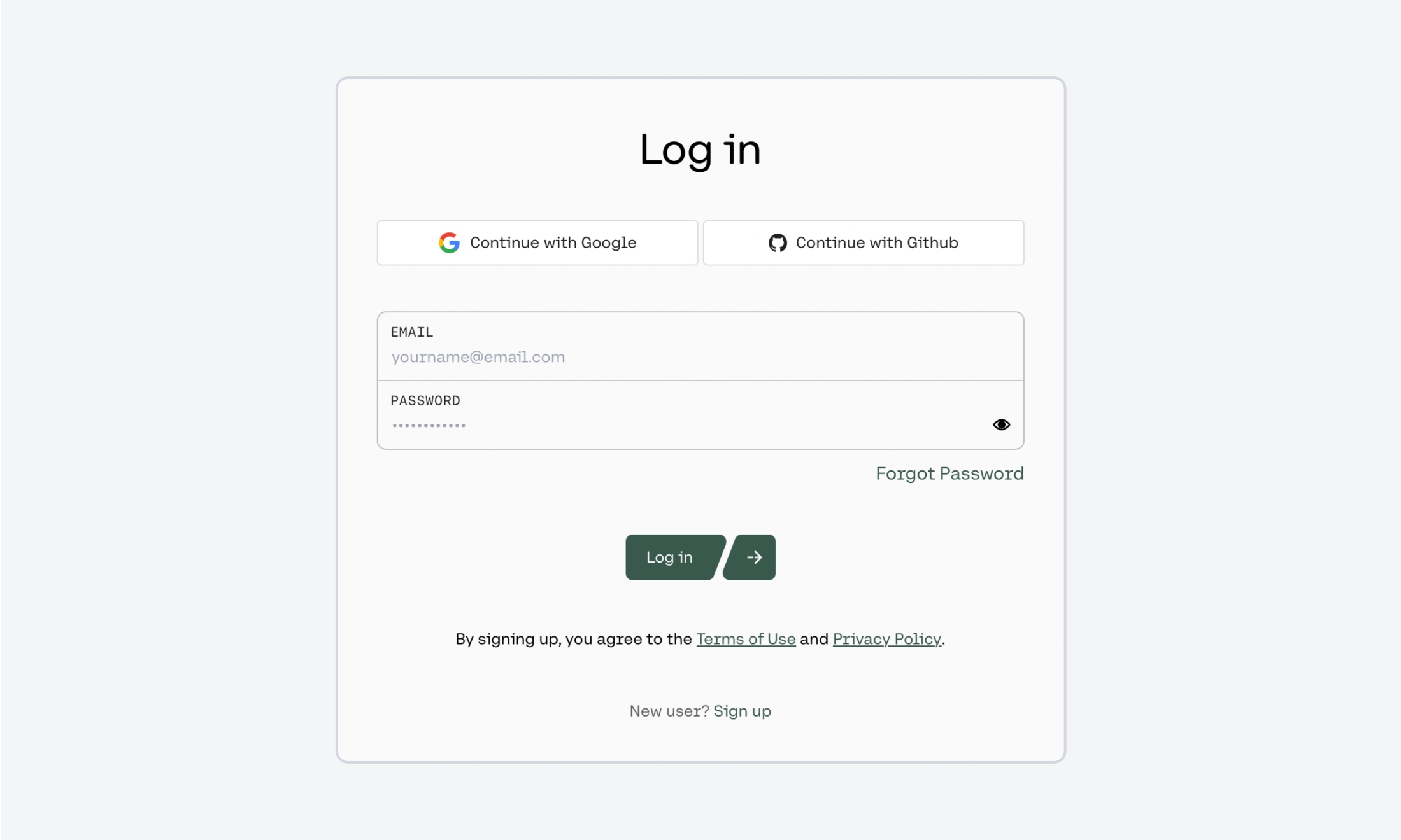 Login screen with Google or GitHub login options, email/password fields, buttons for login, sign up, and forgot password.