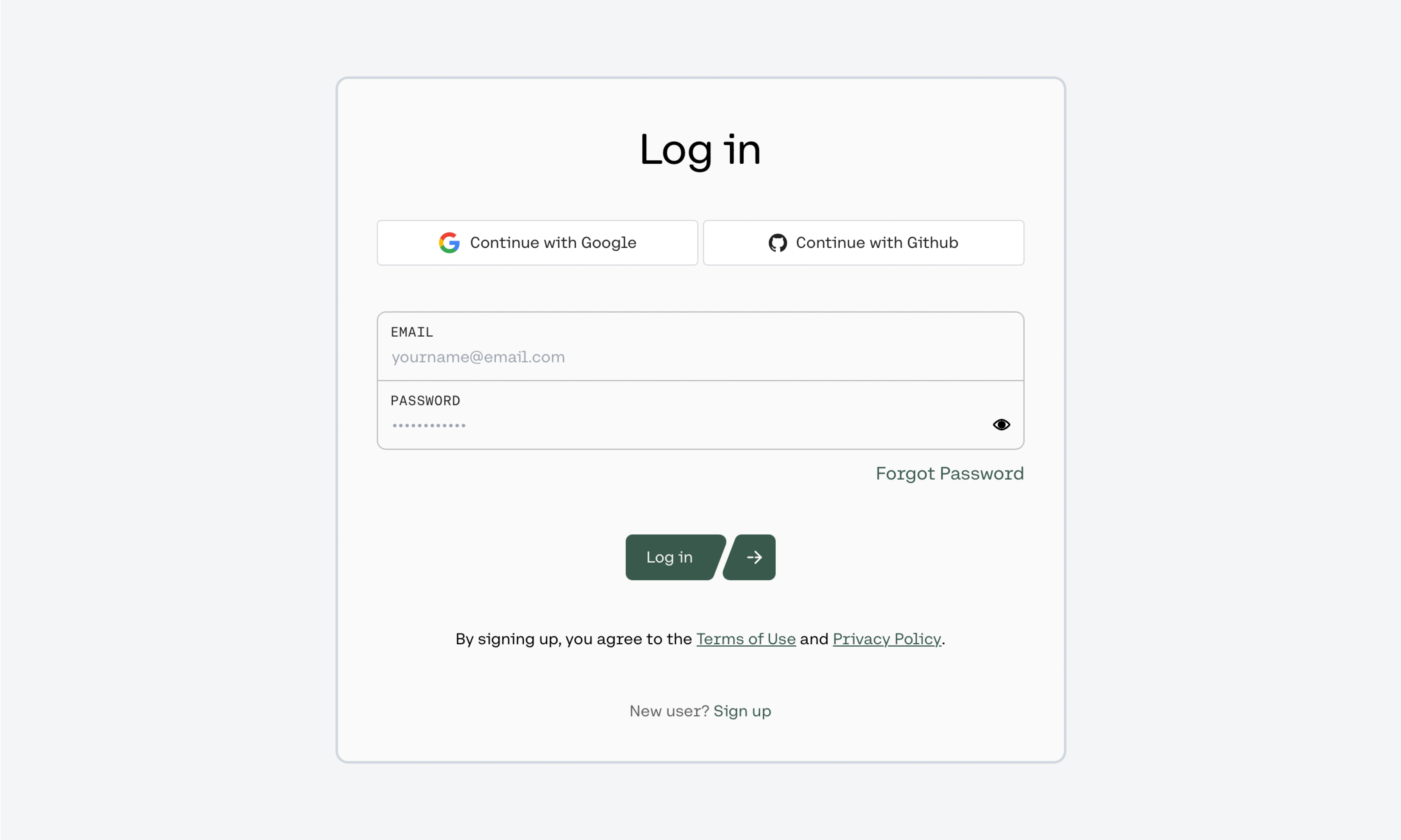 Login screen with Google or GitHub login options, email/password fields, buttons for login, sign up, and forgot password.