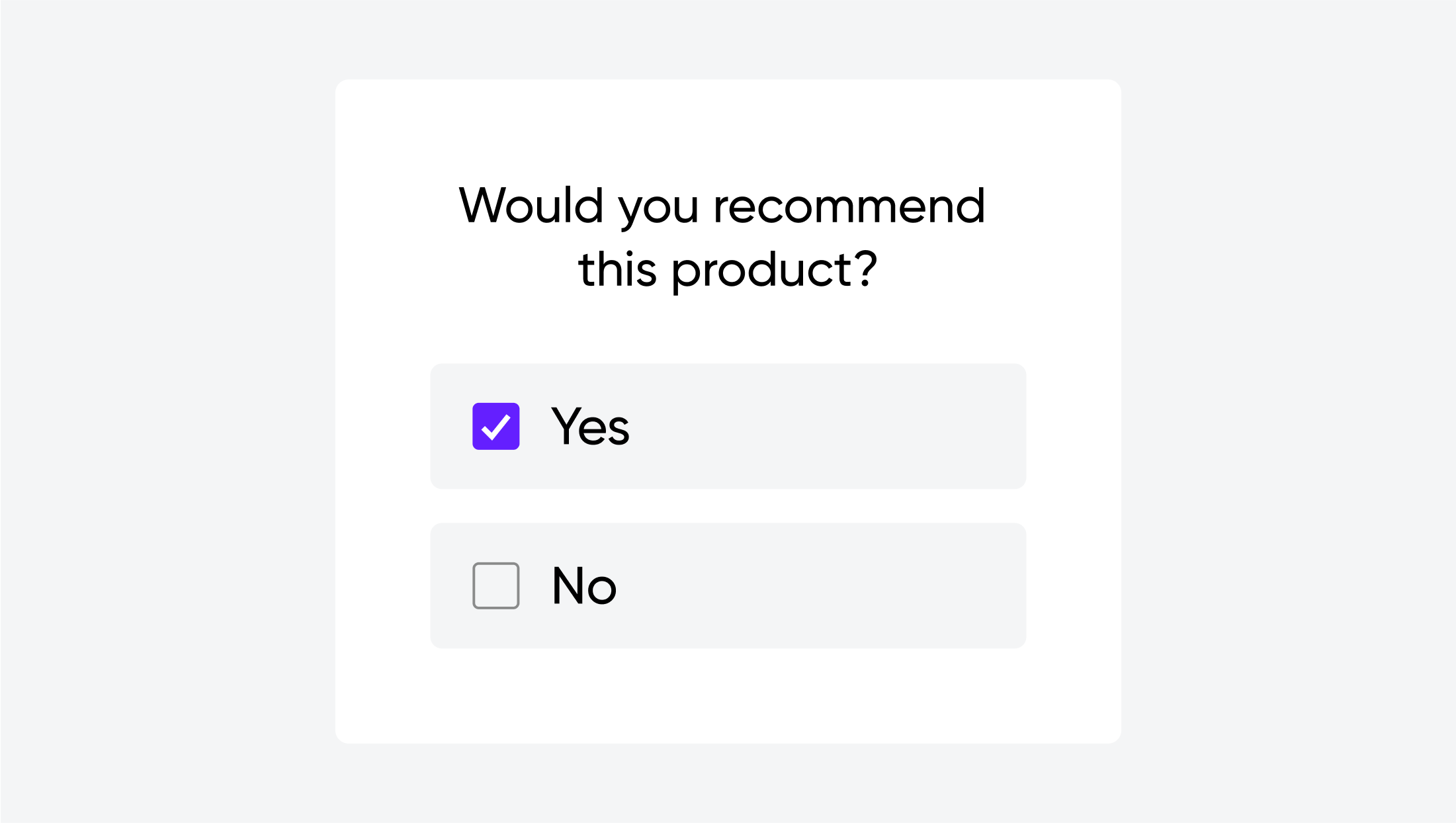 UI showing toggles for options and a binary choice question: 'Would you recommend this product?' with 'Yes' and 'No' options.