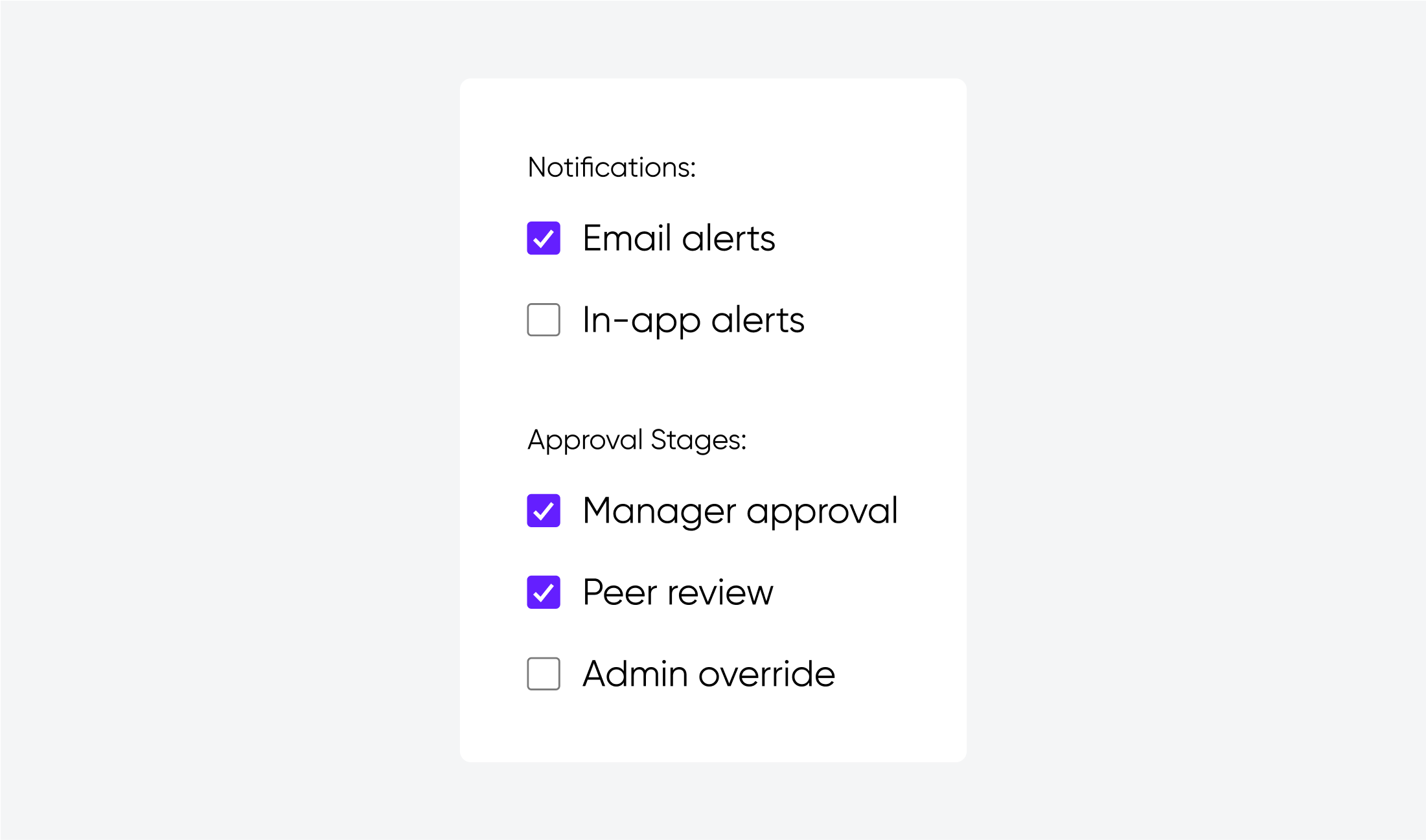 Checkbox form with sections for Notifications and Approval Stages; Email alerts, Manager approval, and Peer review are selected.