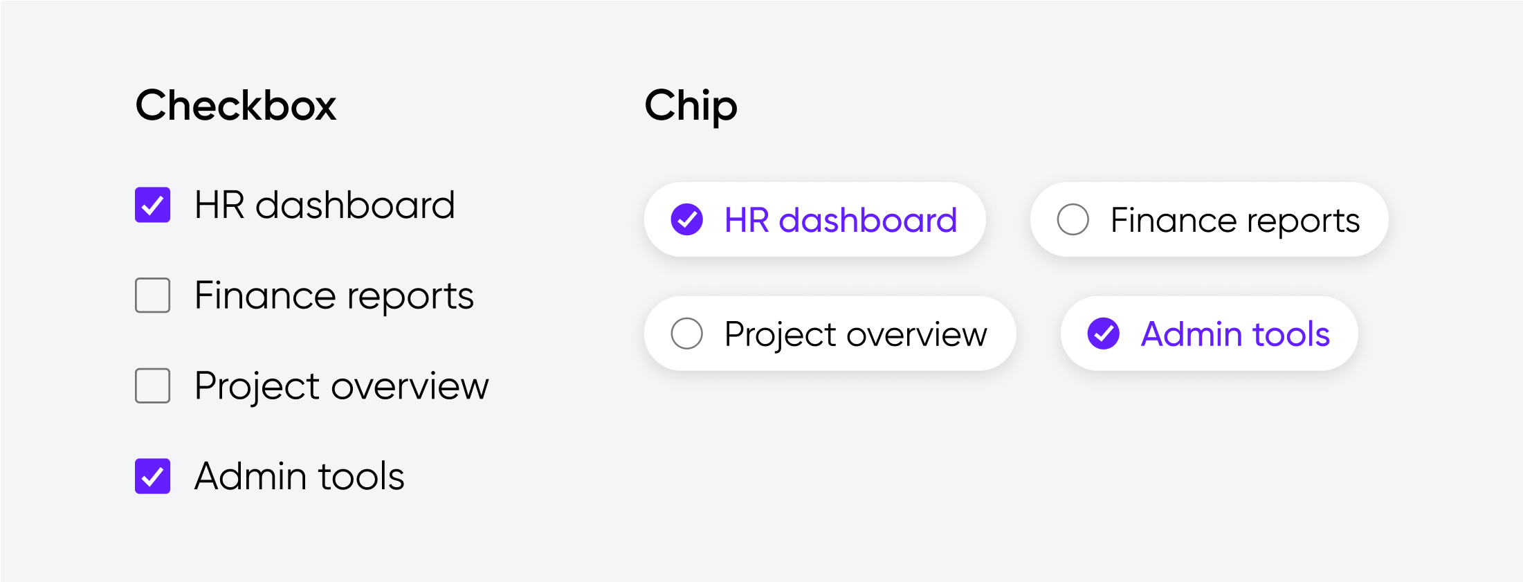 Comparison of checkboxes and chips for selection: 'HR dashboard' and 'Admin tools' are marked selected in both formats.