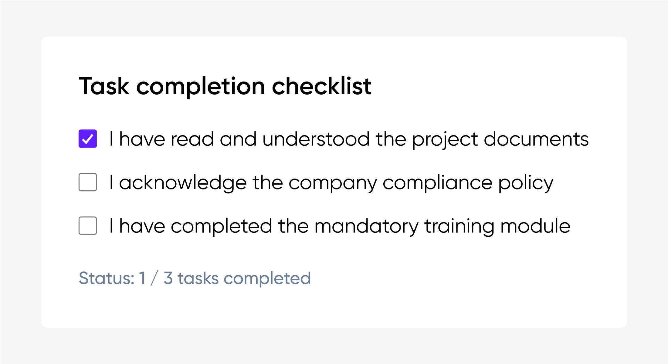 Task completion checklist with three items, one checked as completed. Status indicates 1 out of 3 tasks completed.