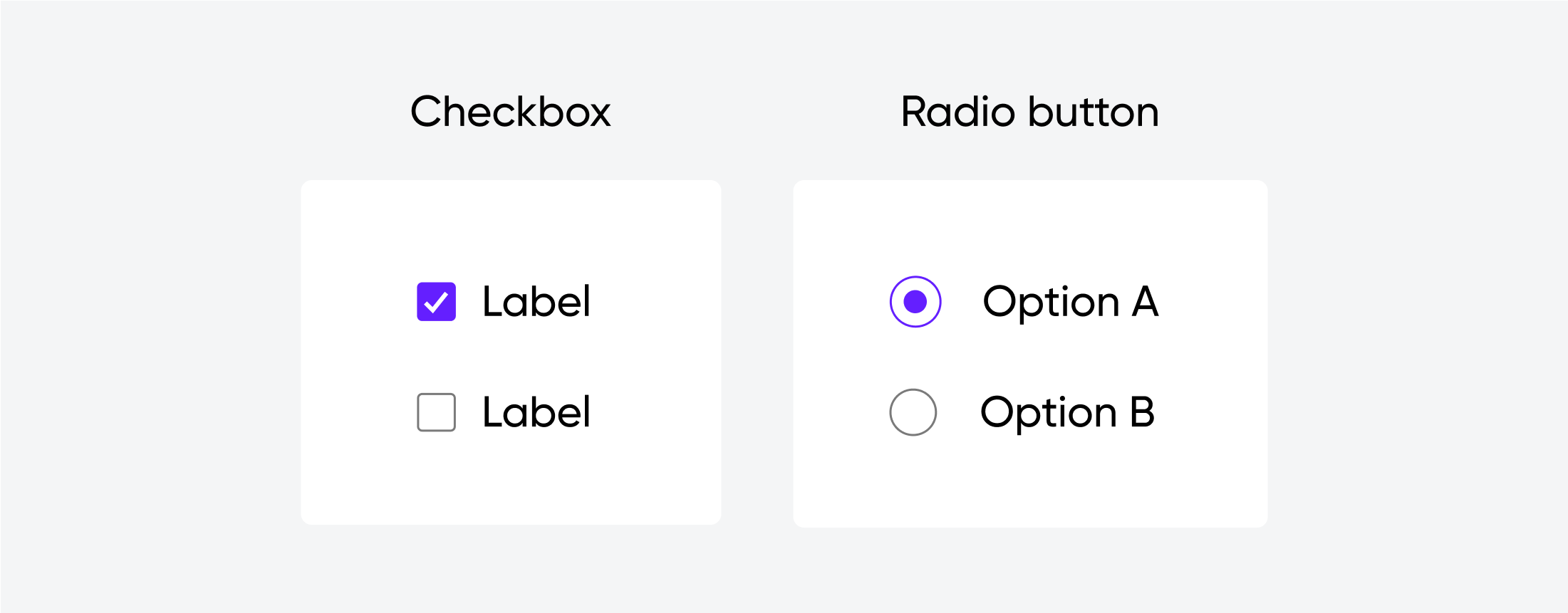 Checkboxes and radio buttons comparison. Checkbox section has two options, one selected. Radio button section has two options, one selected.