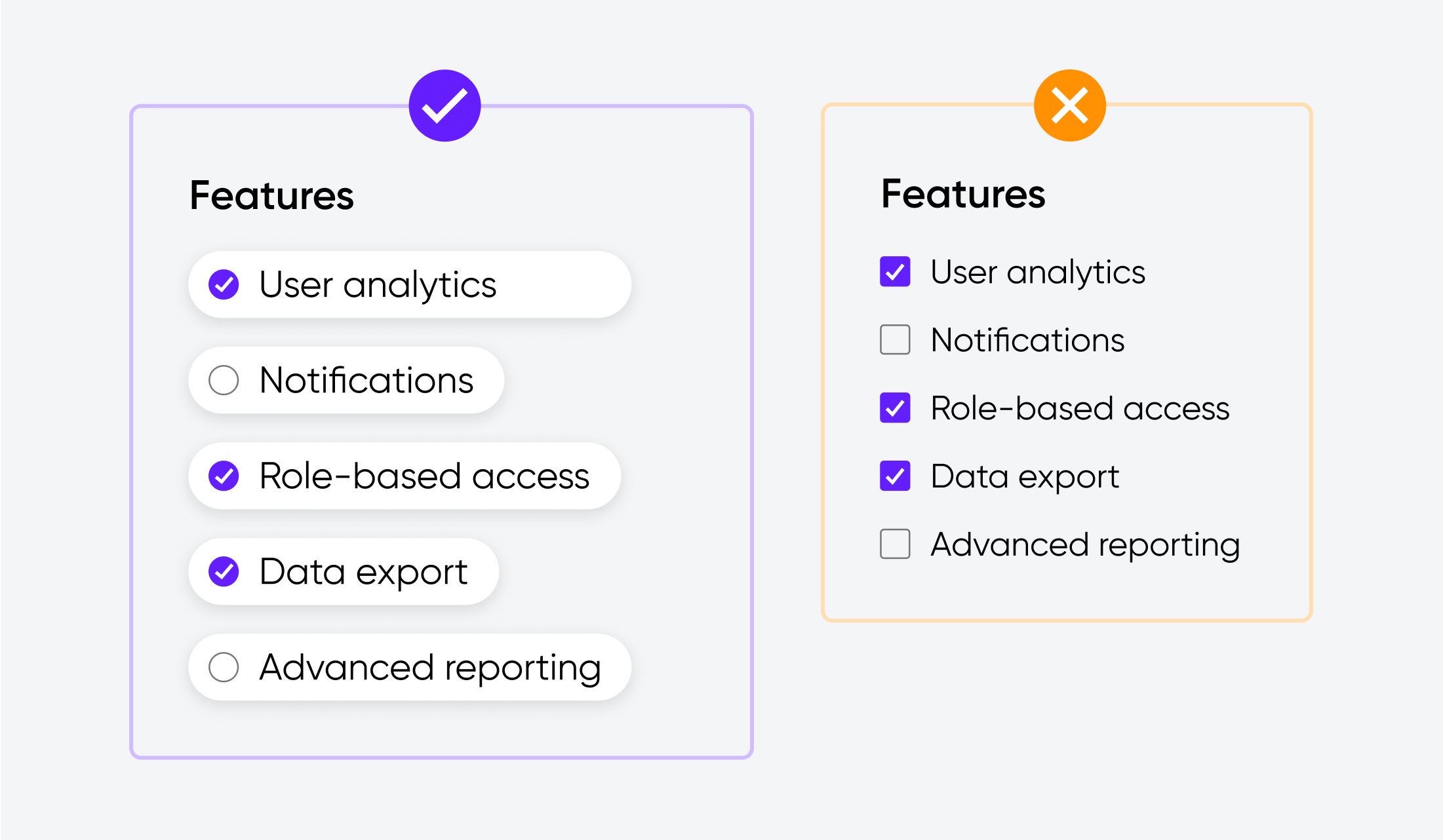 Comparison of feature selection: left uses visually styled toggle buttons with checkmark, right uses standard checkboxes with cross icon.