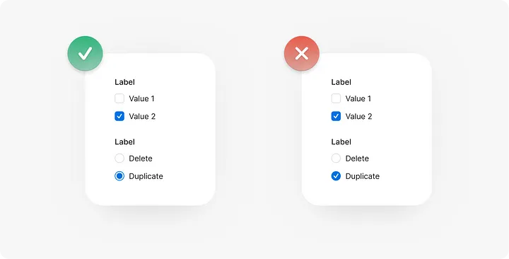 Comparison of correct and incorrect checkbox and radio button usage. Left side has a green check, right side has a red cross.