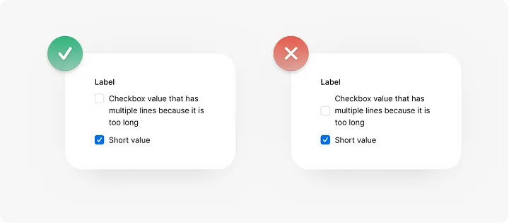 Comparison of checkbox label alignment: proper on the left with a green check, improper on the right with a red cross.