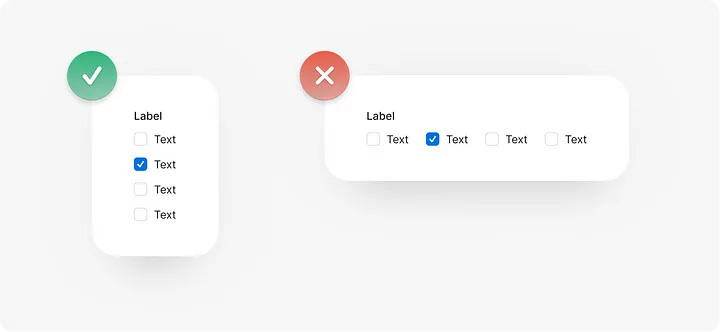 Checkbox layout comparison: vertically stacked on the left with a green check, horizontally aligned on the right with a red cross.