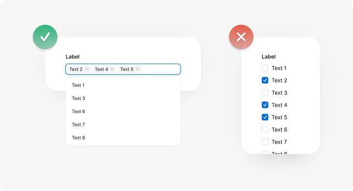 Comparison of multi-select input: a dropdown with selected tags on the left (green check) vs. a long checklist on the right (red cross).