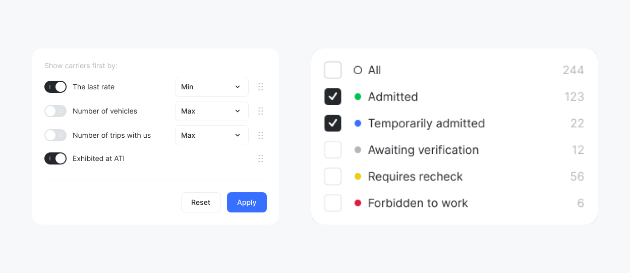 UI showing a filter panel with a checkbox list for status categories and toggles for sorting carriers by criteria like rate and trips.