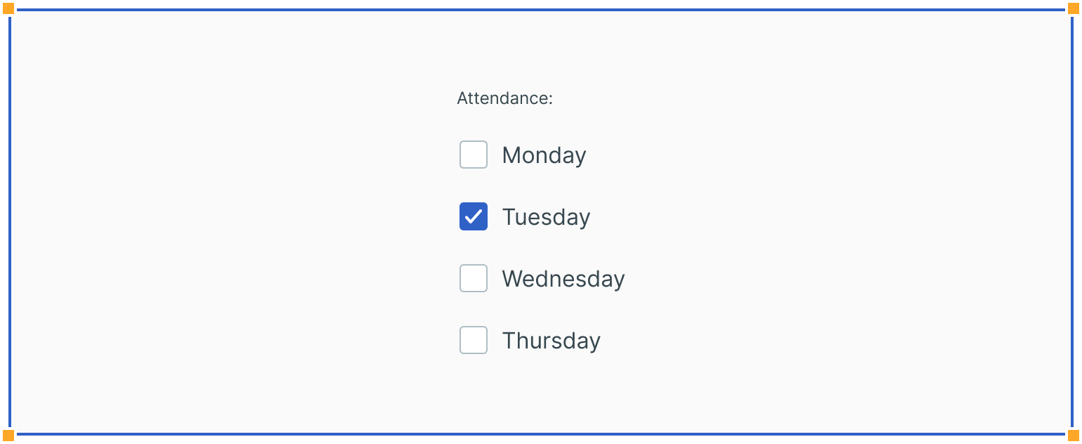 Attendance selection form with checkboxes for days of the week; Tuesday is selected while Monday, Wednesday, Thursday are unselected.