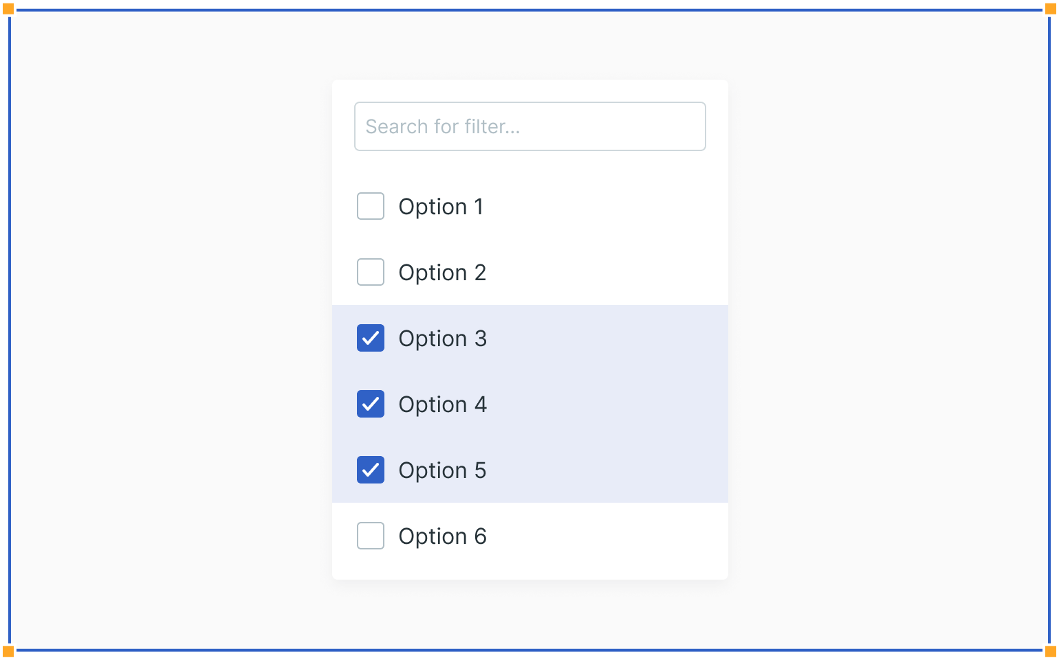 Dropdown menu with a filter field and multiple options; Options 3, 4, and 5 are selected, while others remain unselected.