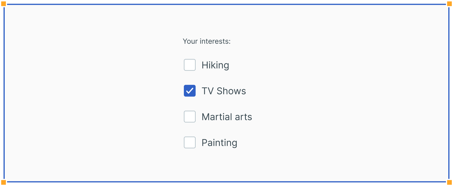 Checkbox list for user interests with options like Hiking, TV Shows, Martial arts, and Painting; only TV Shows option is selected.