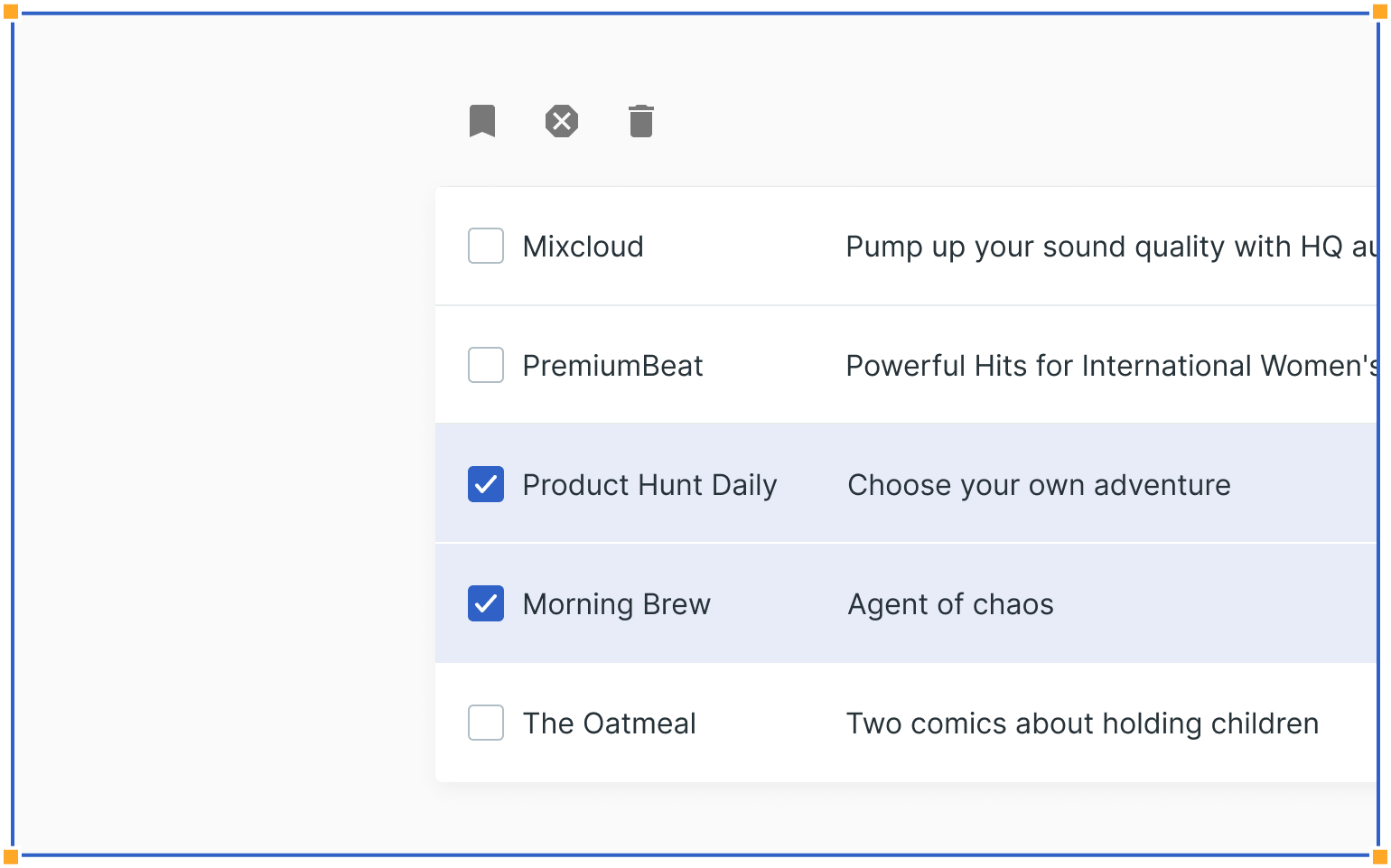 Checkbox list of emails with names and subject lines; Product Hunt Daily and Morning Brew are selected, others remain unselected.