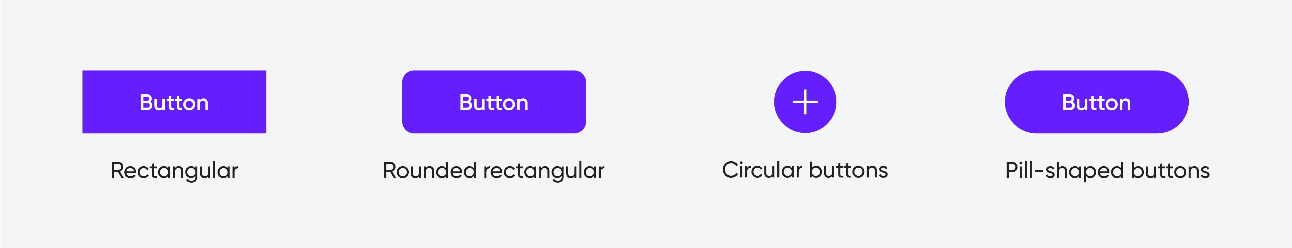 Common button shapes: rectangular, rounded rectangular, circular, and pill-shaped buttons.