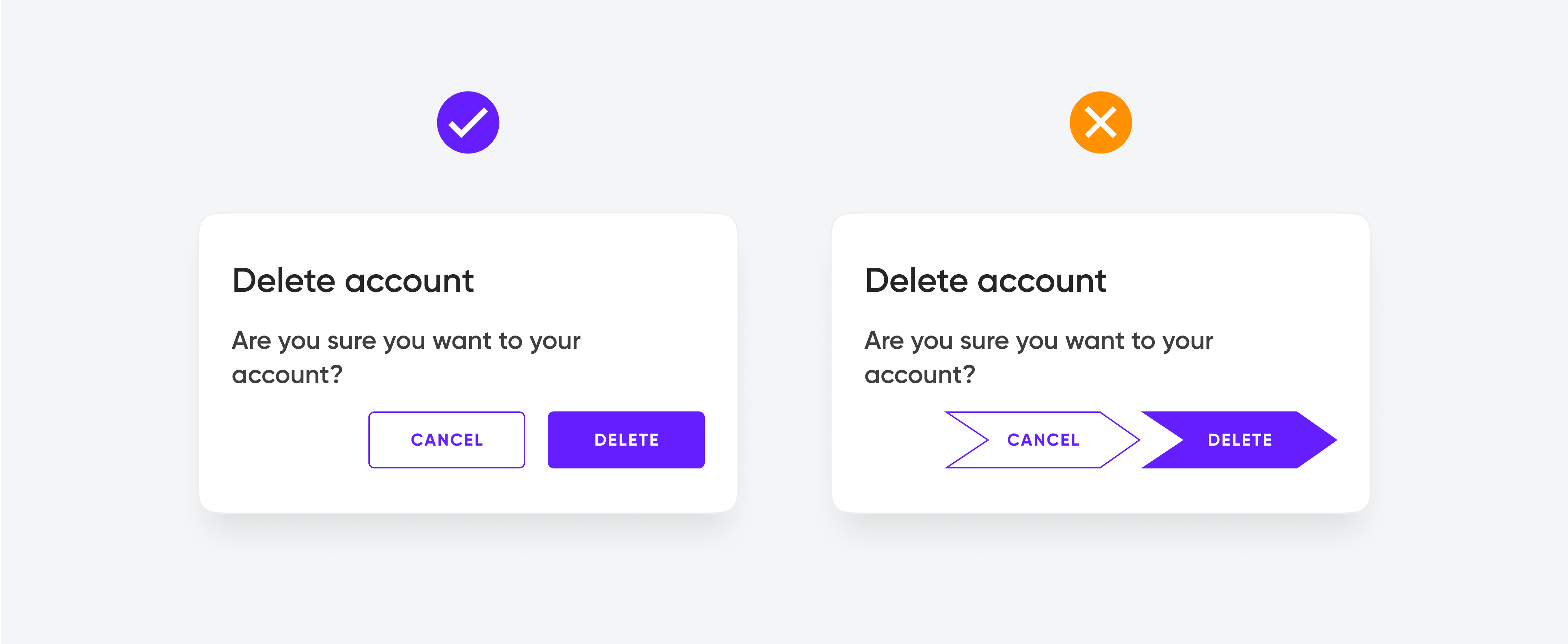 Comparison of "Delete account" dialogs: with traditional rectangular buttons and with unusual arrow-shaped buttons.